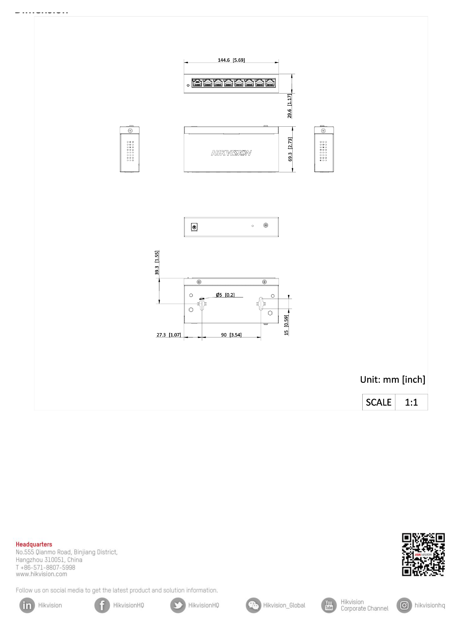 DS-3E1508-EI 外形尺寸圖 170.00 mm × 27.60 mm × 93.10 mm (6.69'' × 1.09'' × 3.67'')｜Unit: mm