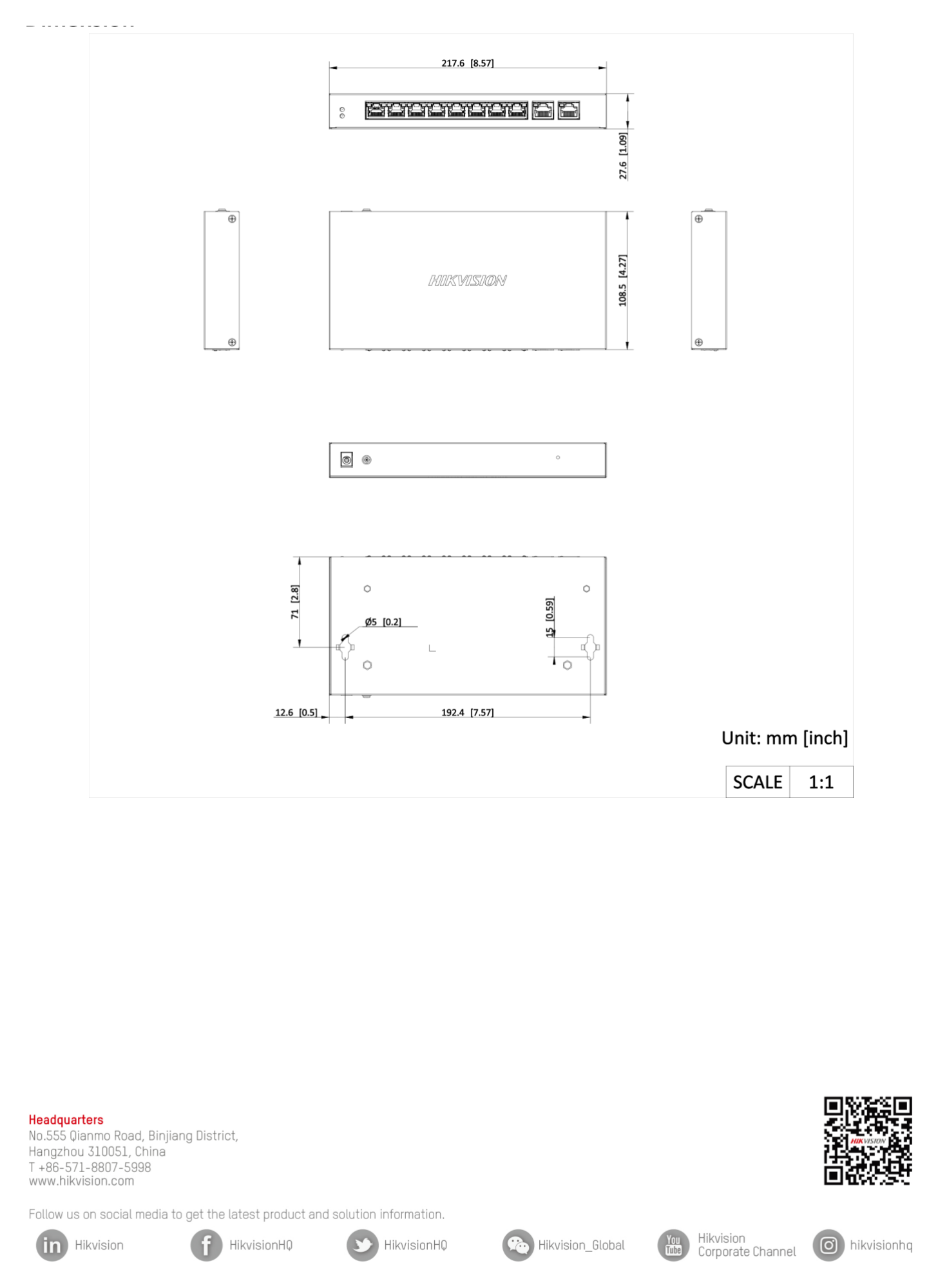 DS-3E1510P-EI-V2 外形尺寸圖 217.6 mm × 27.6 mm × 108.5 mm (8.57'' × 1.09'' × 4.27'')｜Unit: mm