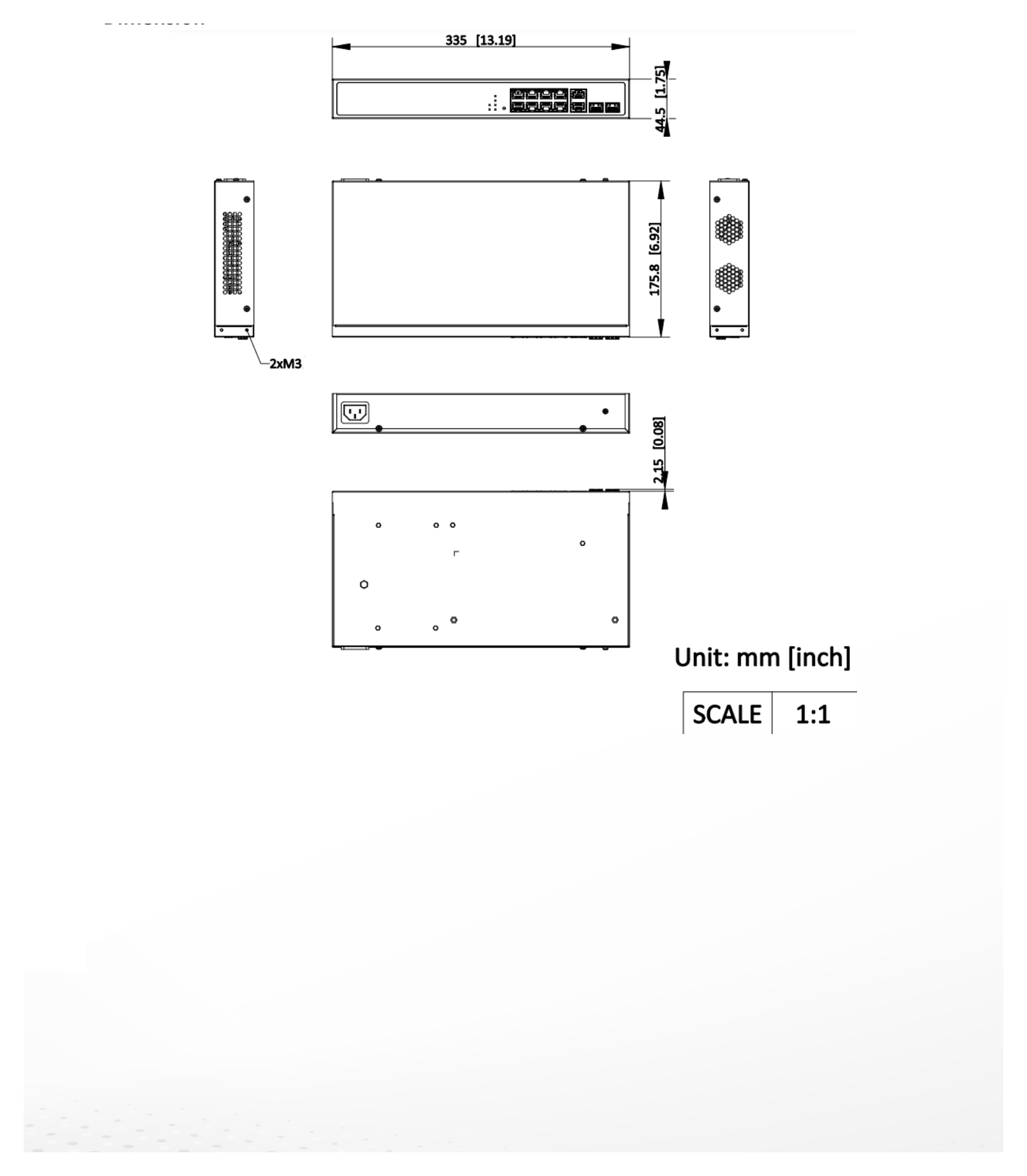 DS-3E1512HP-SI-8P2T2F 外形尺寸圖 335 mm × 44.5 mm × 175.8 mm (13.19'' × 1.75'' × 6.92'')｜Unit: mm