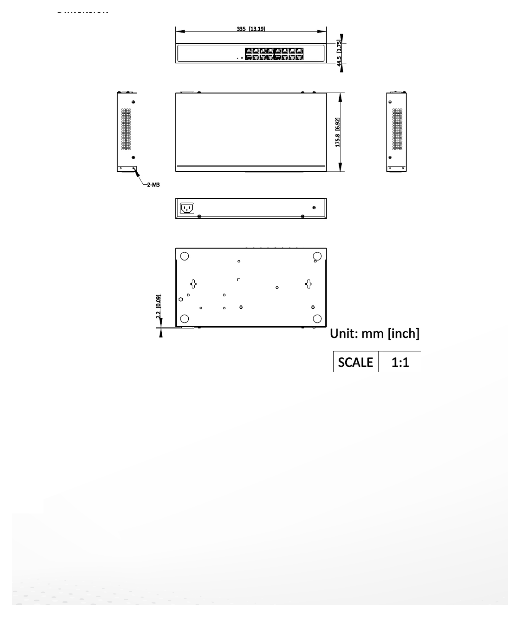 DS-3E1516-EI 外形尺寸圖 335.00 mm × 44.50 mm × 175.80 mm (13.19'' × 1.75'' × 6.92'')｜Unit: mm