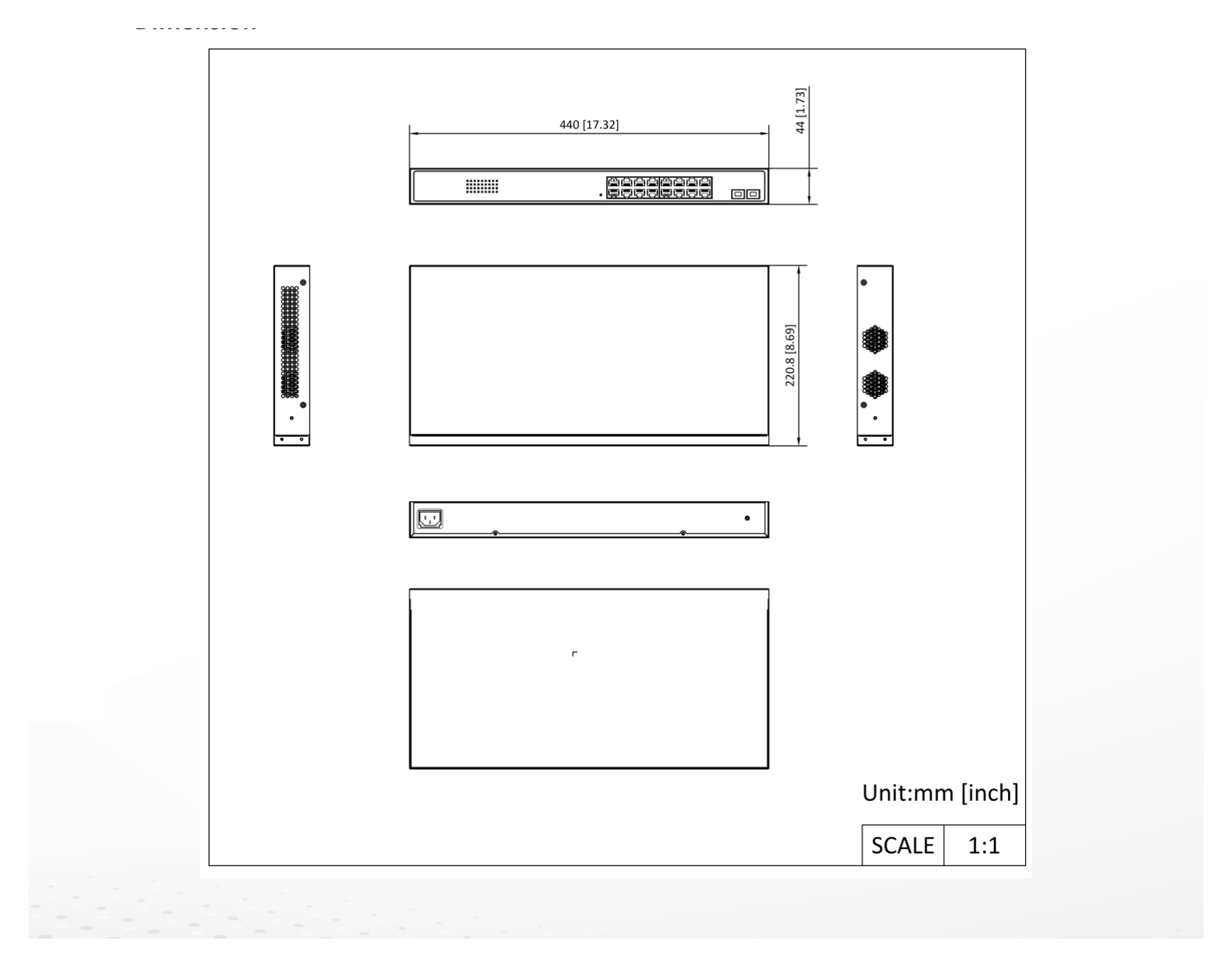 DS-3E1518P-SI-16P2F 外形尺寸圖 440.0 mm × 44.0 mm × 220.8 mm (17.32'' × 1.73'' × 8.69'')｜Unit: mm