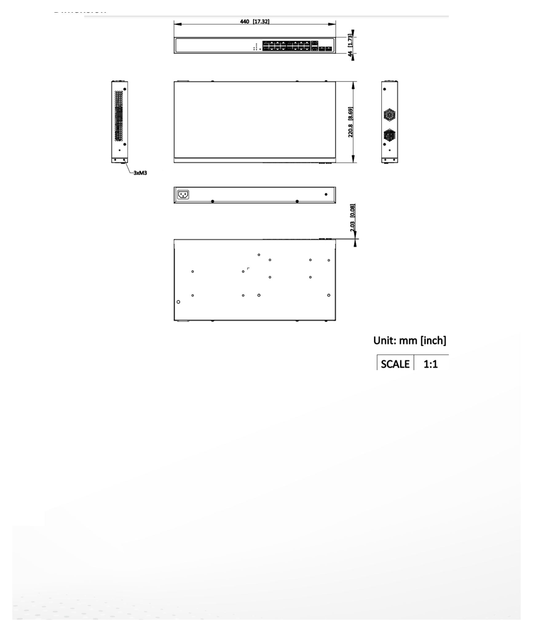 DS-3E1520HP-SI-16P2T2F 外形尺寸圖 440 mm × 44 mm × 220.8 mm (17.32'' × 1.73'' × 8.69'')｜Unit: mm