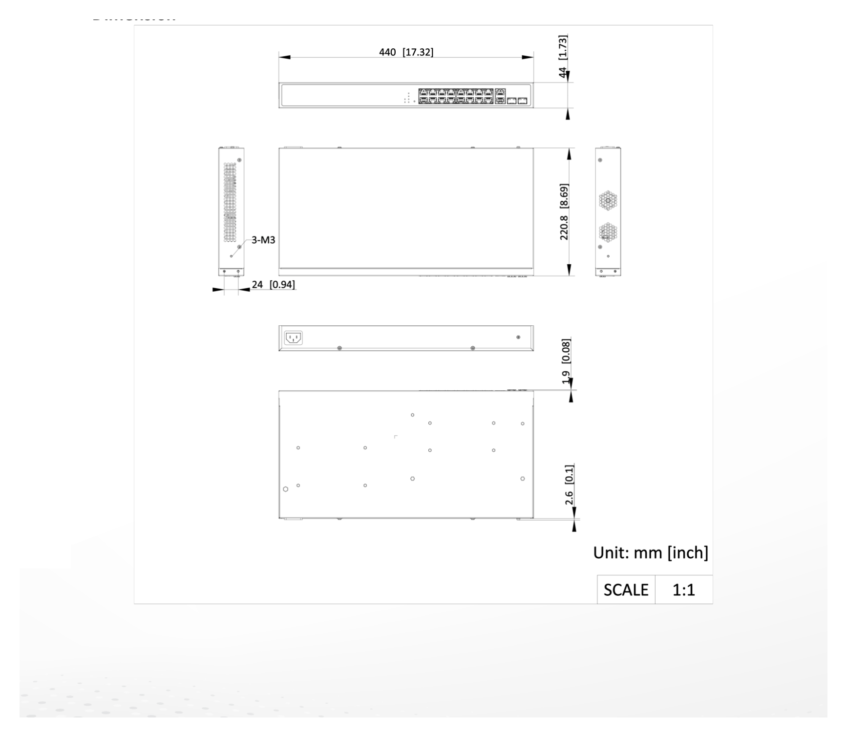 DS-3E1520P-EI 外形尺寸圖 440.0 mm × 44.0 mm × 220.8 mm (17.32'' × 1.73'' × 8.69'')｜Unit: mm