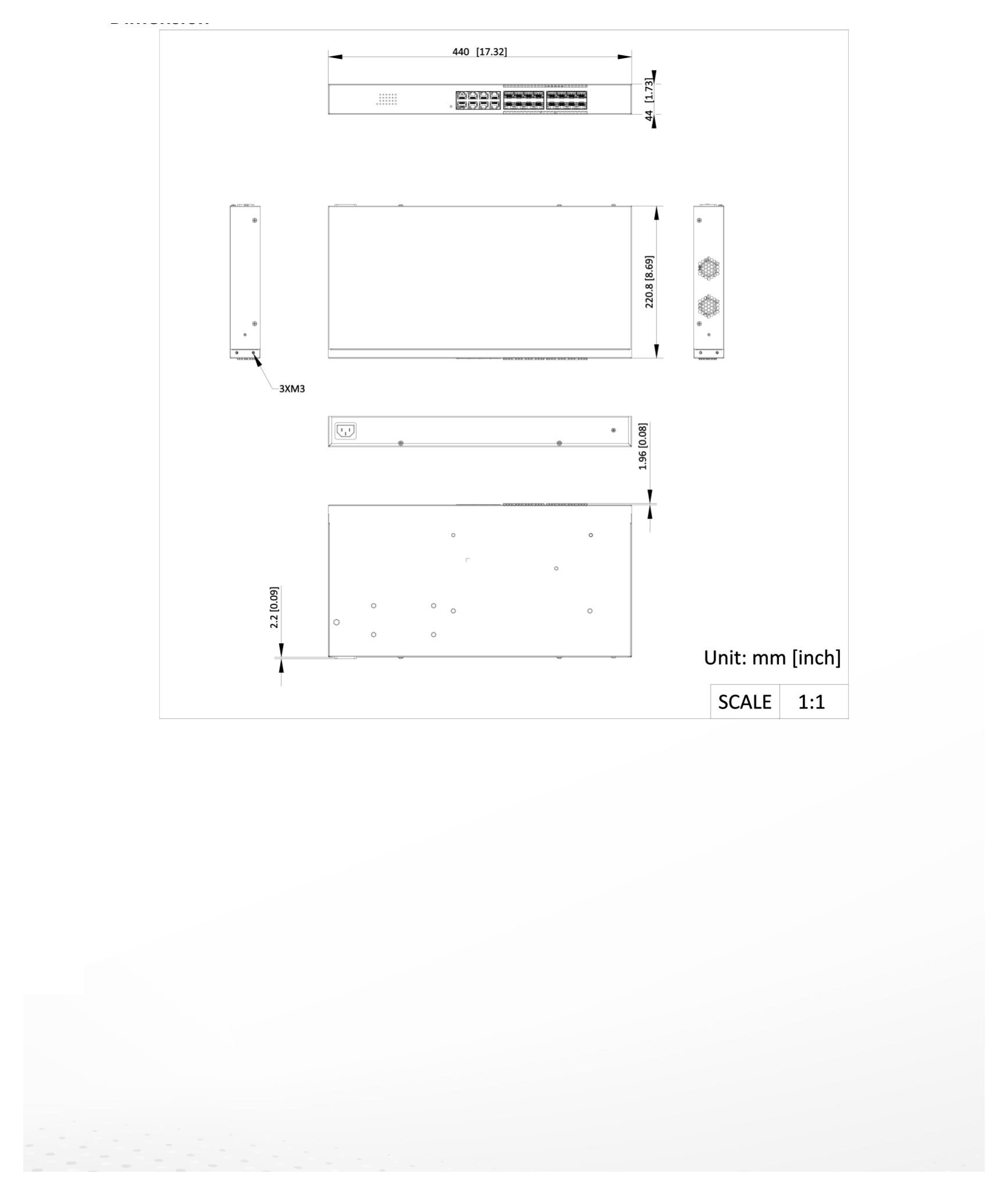 DS-3E1524-SI-16F8T 外形尺寸圖 440 mm × 44 mm × 220.8 mm (17.32”× 1.73”× 8.69'')｜Unit: mm