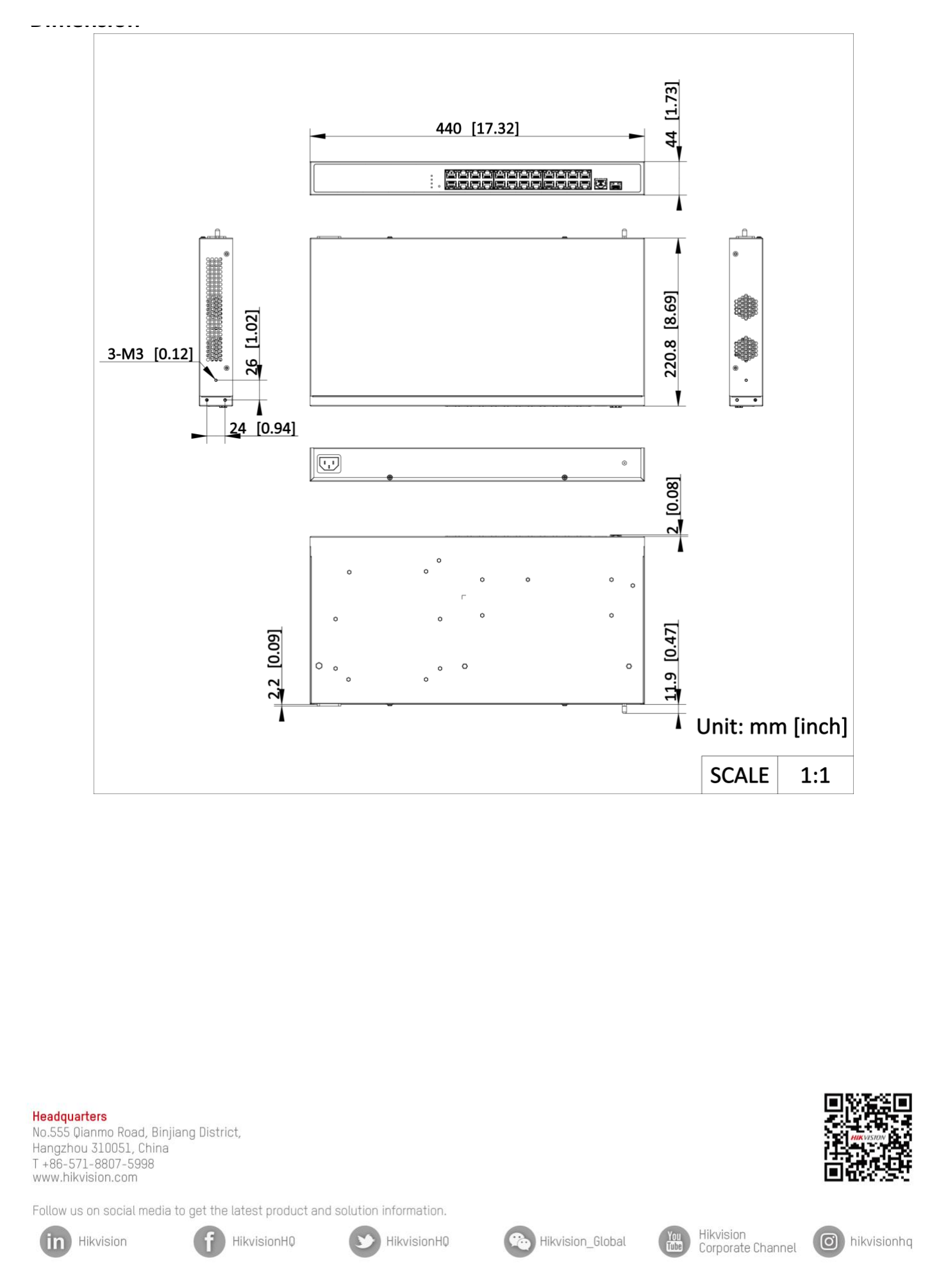 DS-3E1526P-EI/M 外形尺寸圖 440.0 mm × 220.8 mm × 44.0 mm (17.32'' × 8.69'' × 1.73'')｜Unit: mm