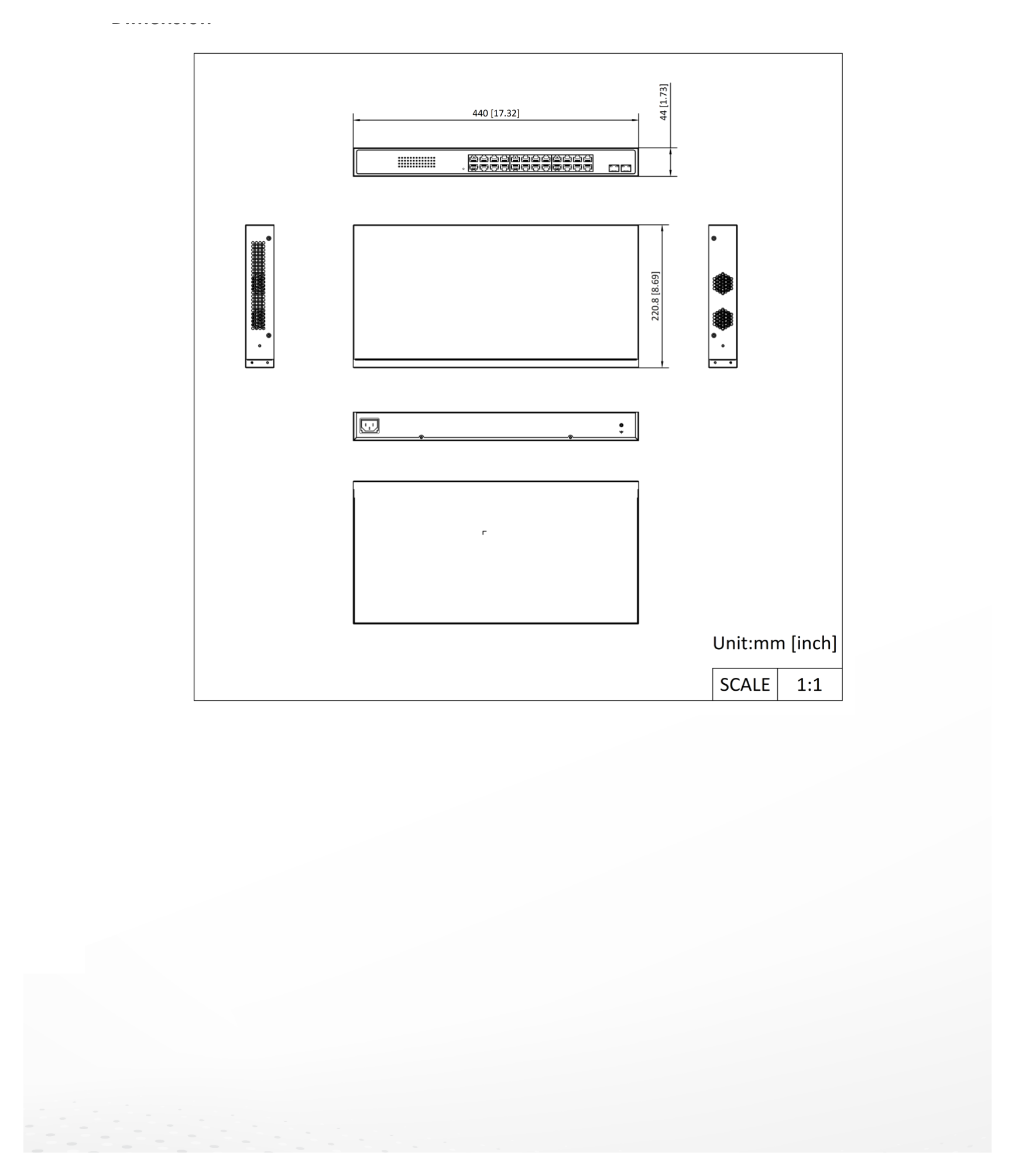 DS-3E1526P-SI-24P2F 外形尺寸圖 440.0 mm × 44.0 mm × 220.8 mm (17.32'' × 1.73'' × 8.69'')｜Unit: mm