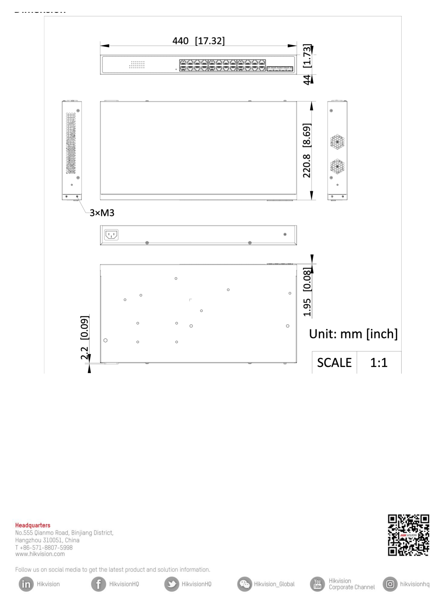 DS-3E1528-SI-24T4F 外形尺寸圖 440 mm × 44 mm × 220.8 mm (17.32”× 1.73”× 8.69'')｜Unit: mm
