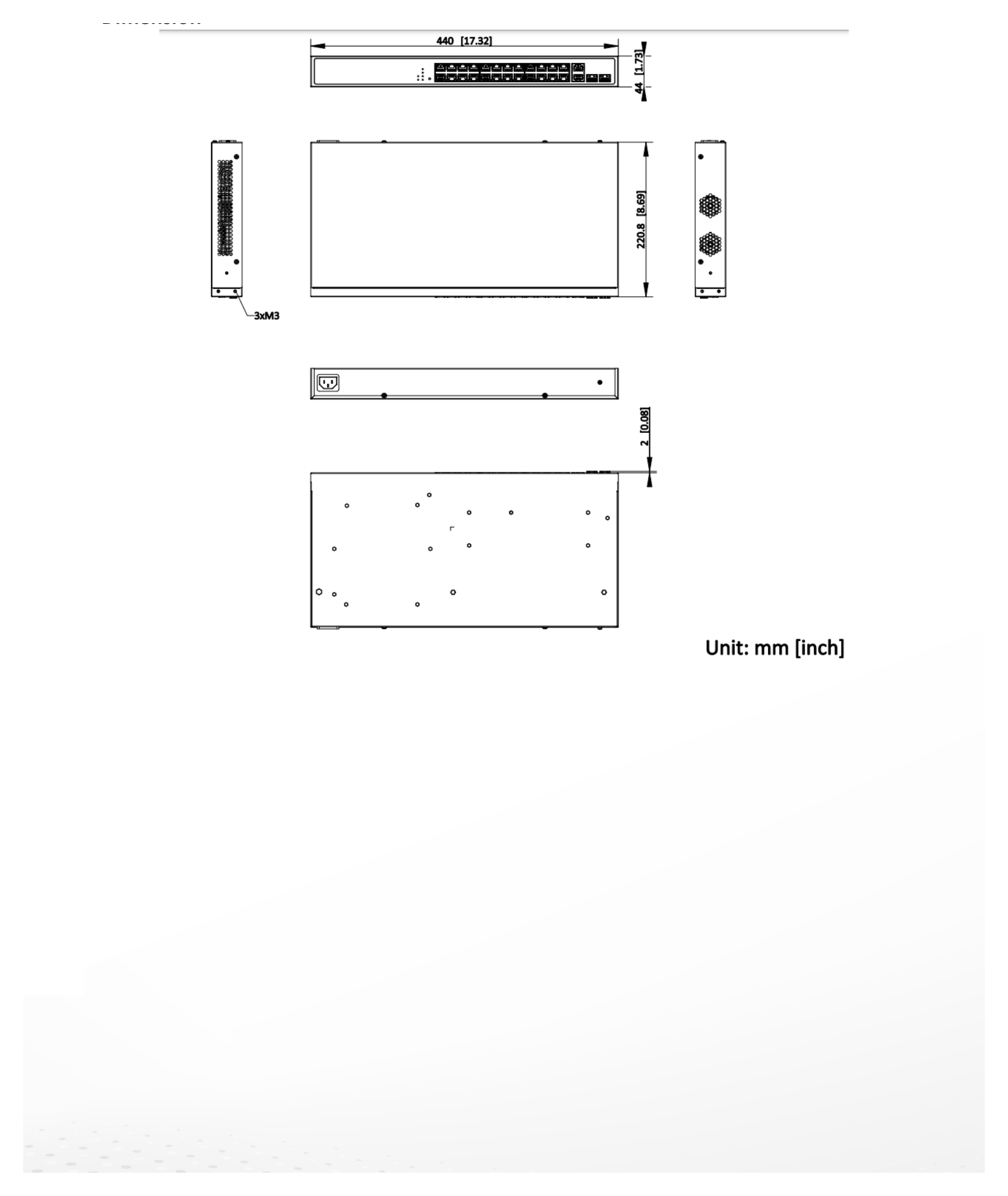 DS-3E1528HP-SI-24P2T2F 外形尺寸圖 440 mm × 44 mm × 220.8 mm (17.32'' × 1.73'' × 8.69'')｜Unit: mm