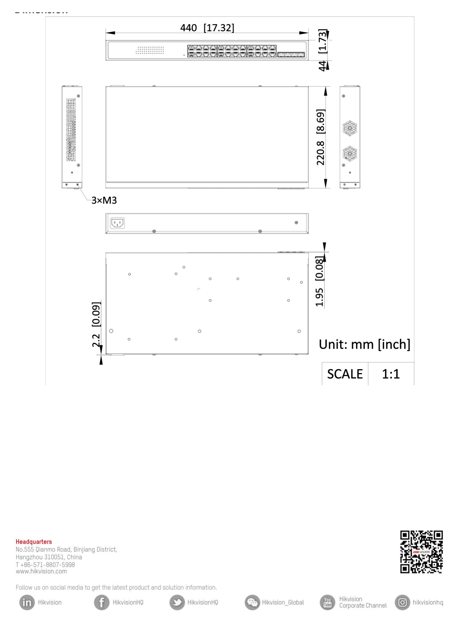 DS-3E1528P-SI-24P4F 外形尺寸圖 440 mm × 44 mm × 220.8 mm (17.32”× 1.73”× 8.69'')｜Unit: mm