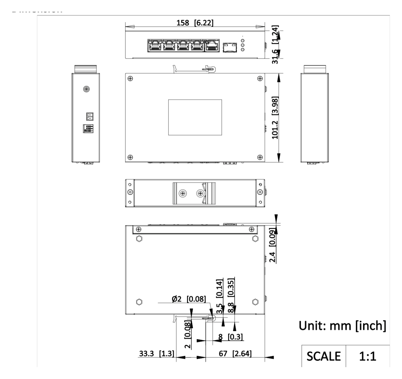 DS-3T0306HP 外形尺寸圖 158 mm × 101.2 mm × 31.6 mm (6.22” × 3.98” × 1.24”)|Unit: mm