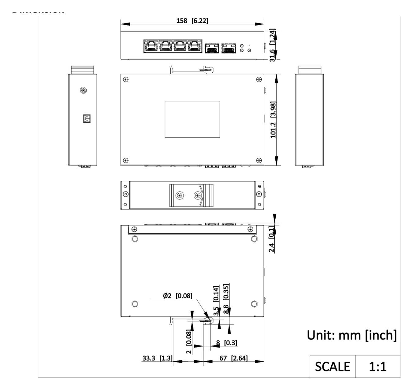 DS-3T0506HP 外形尺寸圖 158 mm × 101.2 mm × 31.6 mm (6.22” × 3.98” × 1.24”)｜Unit: mm