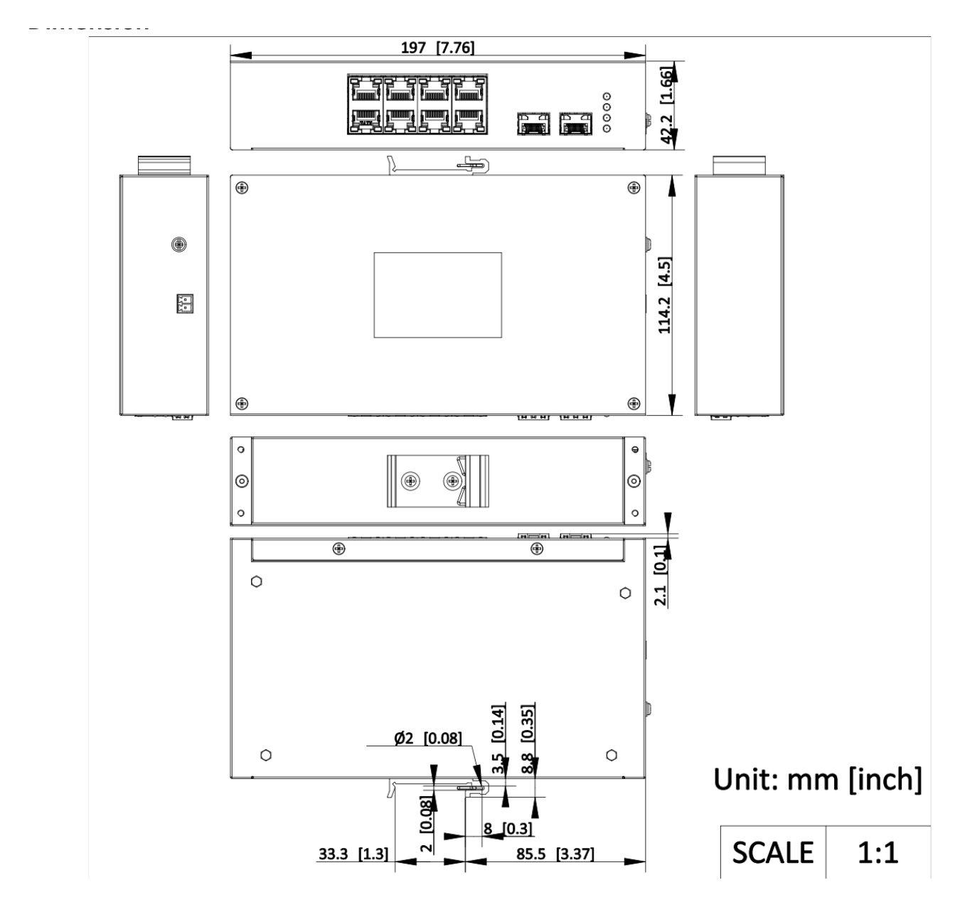 DS-3T0510HP 外形尺寸圖 197 mm × 114.2 mm × 42.2 mm (7.76” × 4.50” × 1.66”)｜Unit: mm