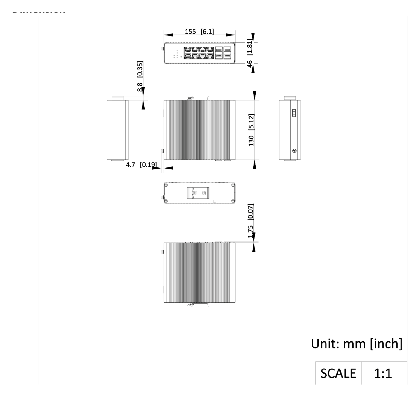 DS-3T1512HP-SI-8P4F 外形尺寸圖 155.00 mm × 46.00 mm × 130.00 mm (6.10'' × 1.81'' × 5.12'')｜Unit: mm