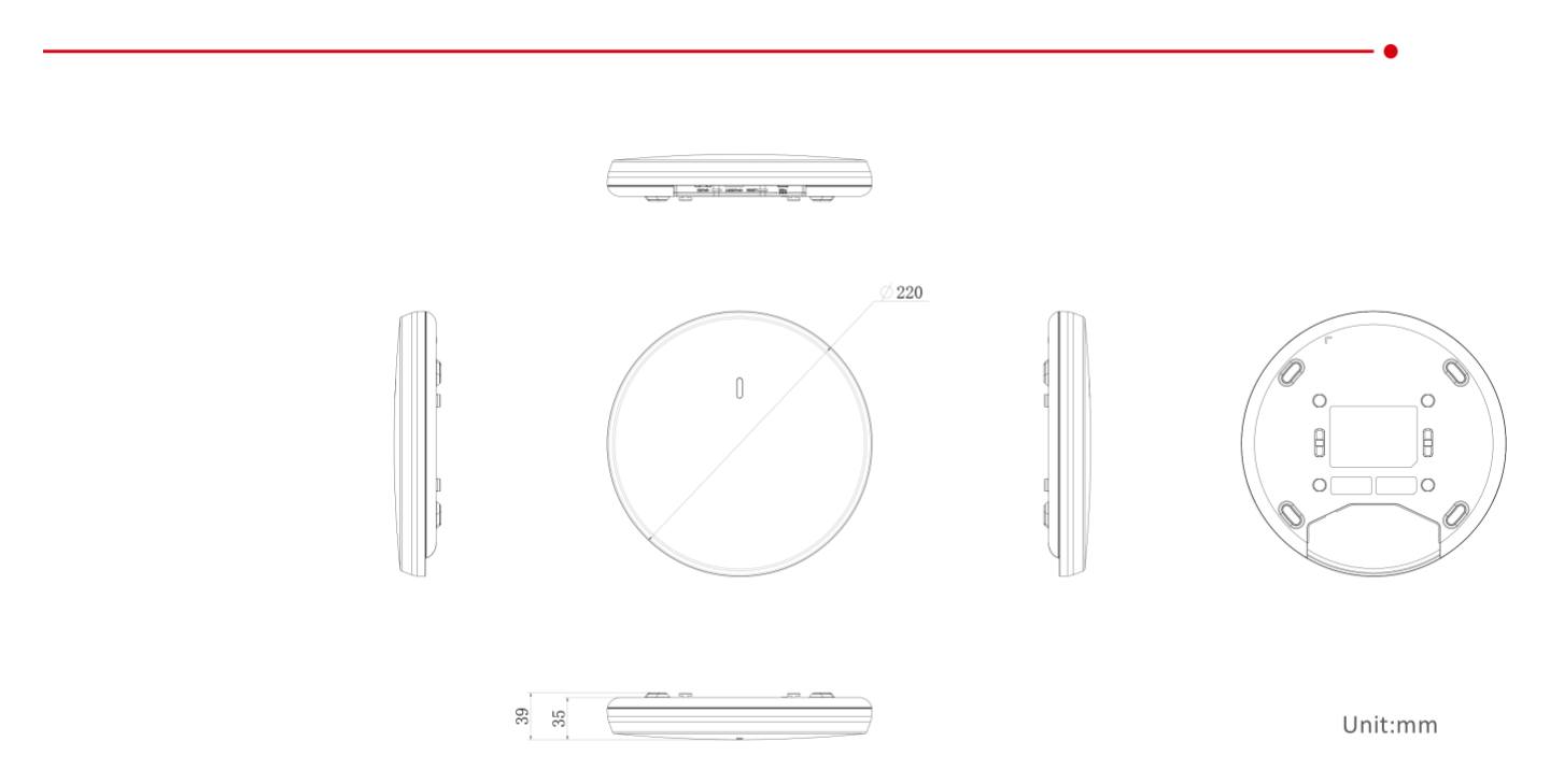 DS-3WAP522-SI 外形尺寸圖 220 mm × 220 mm × 35 mm (8.66'' × 8.66'' × 1.37'') 1200 M Access Point ×1,Screw Pack × 1,Quick Start Guide ×1,Regulatory