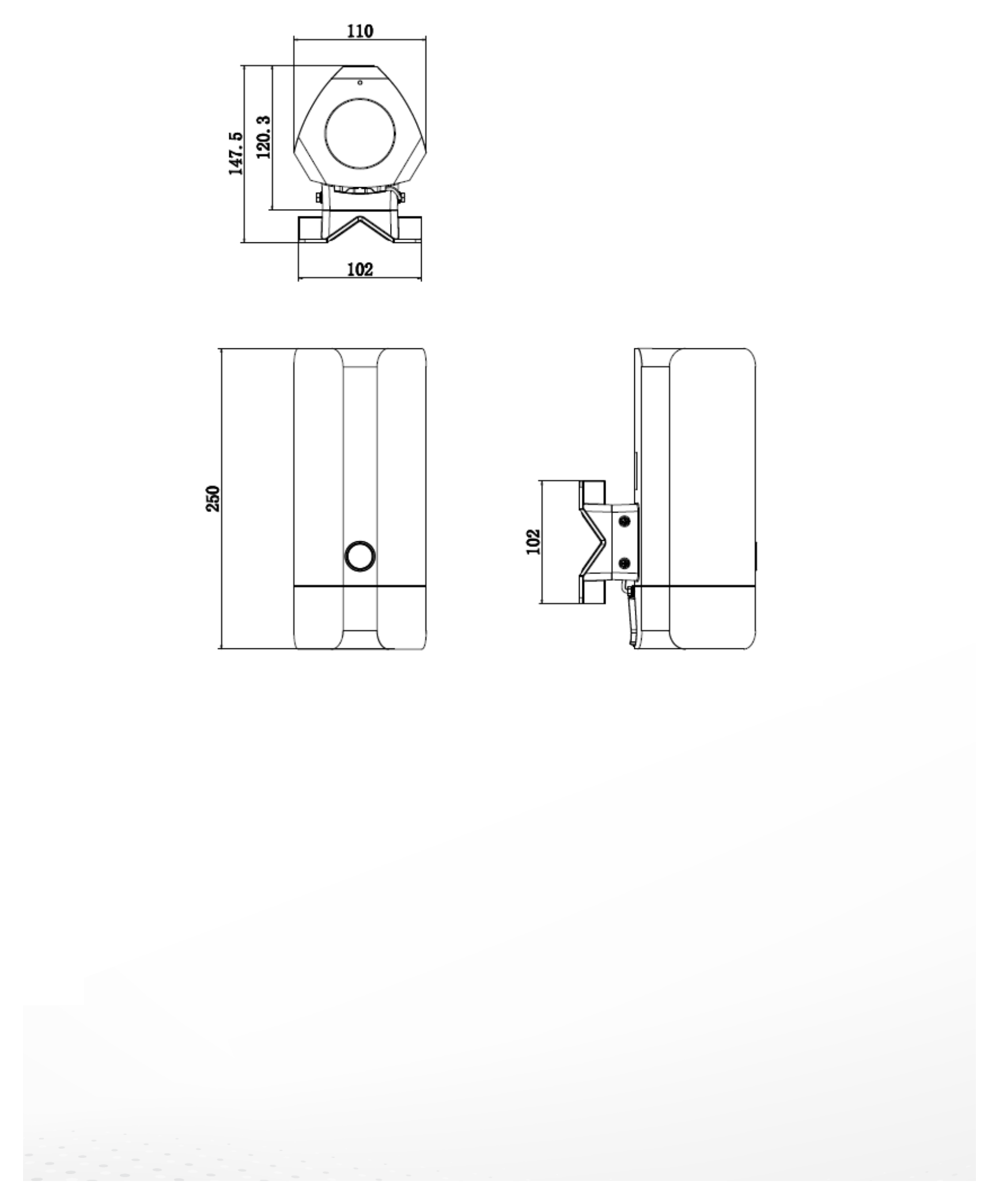 DS-3WAP623E-SI 外形尺寸圖 102 mm × 110 mm × 250 mm (3.97'' × 4.33'' × 9.84'') 3000 M Access Point ×1,Screw Pack × 1,Quick Start Guide ×1,Regulator