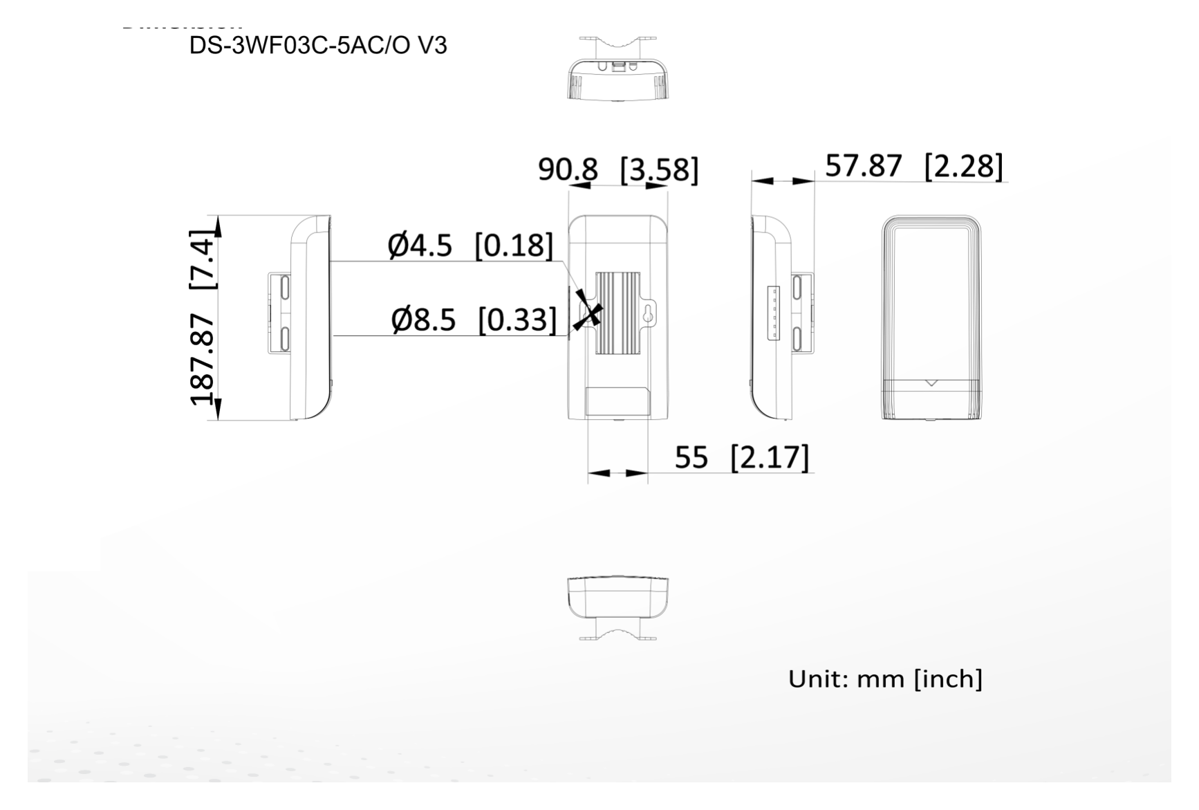 DS-3WF03C-5AC 外形尺寸圖 92 mm × 187 mm × 58 mm (3.62'' × 7.36'' × 2.28'')｜Unit: mm