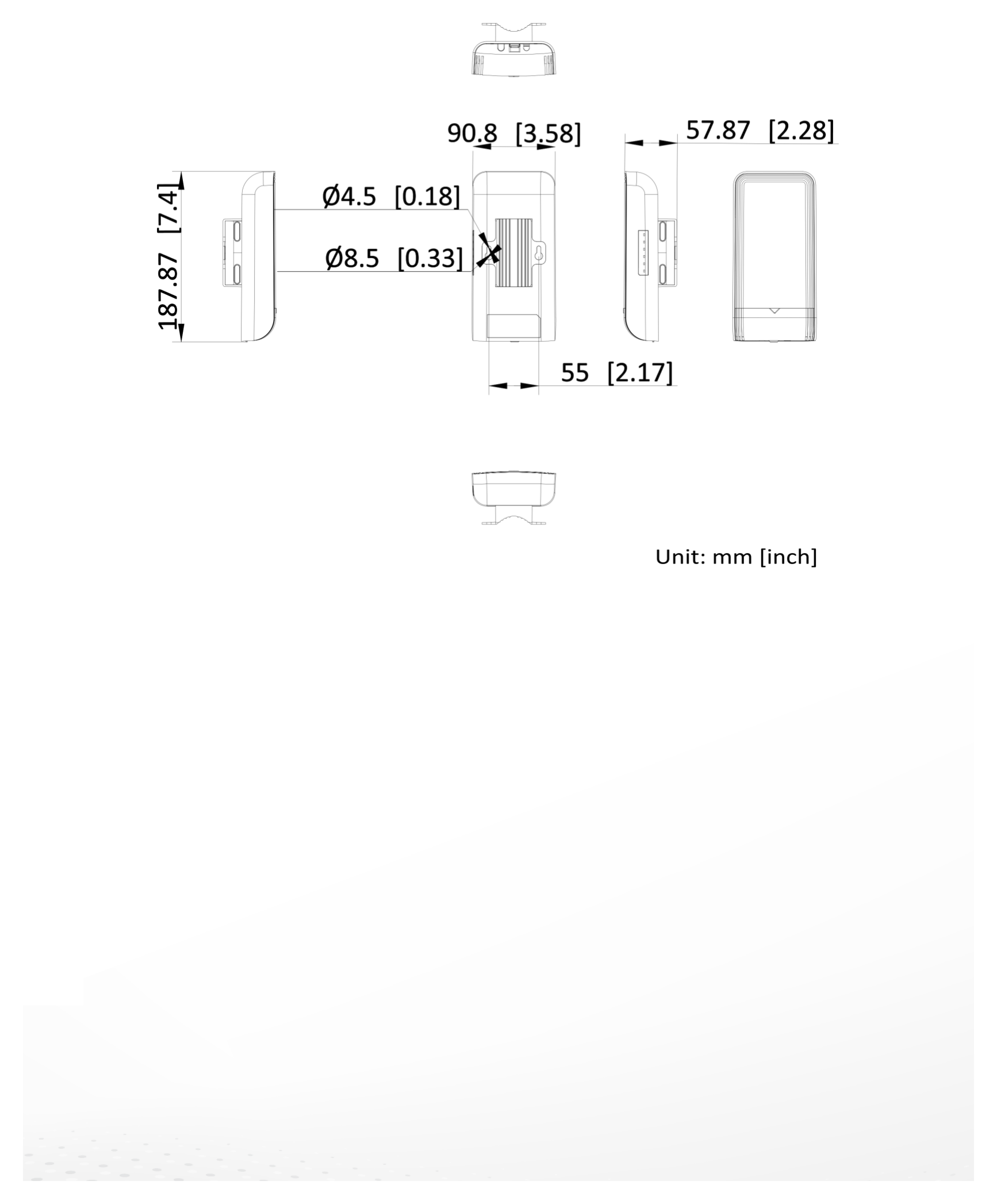 DS-3WF0BC-2NT 外形尺寸圖 90.8 mm × 187.87 mm × 57.87 mm (3.57'' × 7.39'' × 2.27'')｜Unit: mm