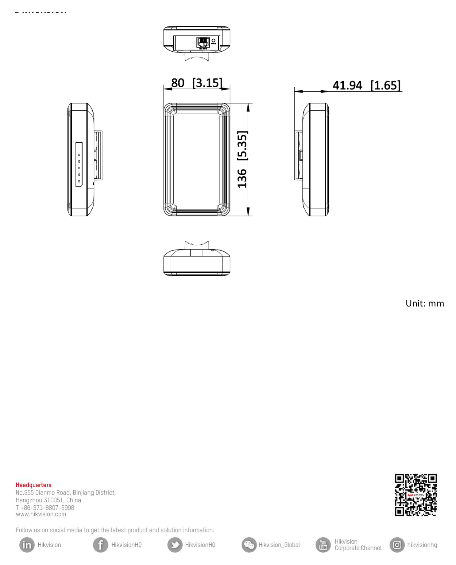 DS-3WF0BC-2NTB 外形尺寸圖 80 mm × 41.94 mm × 136 mm (3.15'' × 1.65'' × 5.35'')｜Unit: mm
