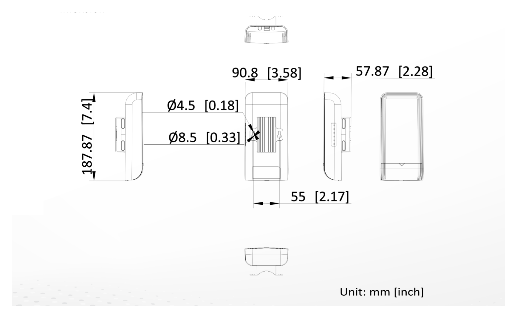 DS-3WF1000-EI-2N 外形尺寸圖 90.8 mm × 187.87 mm × 57.87 mm (3.57'' × 7.39'' × 2.27'')｜Unit: mm