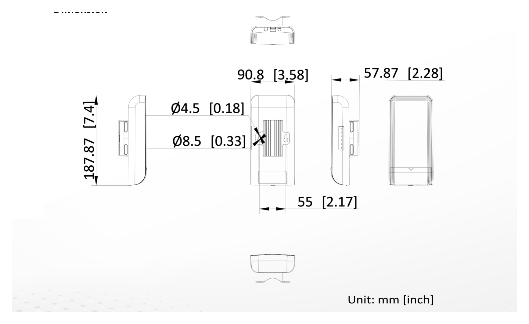 DS-3WF1000S-EI-2N/P 外形尺寸圖 90.8 mm × 187.87 mm × 57.87 mm (3.57'' × 7.39'' × 2.27'')｜Unit: mm