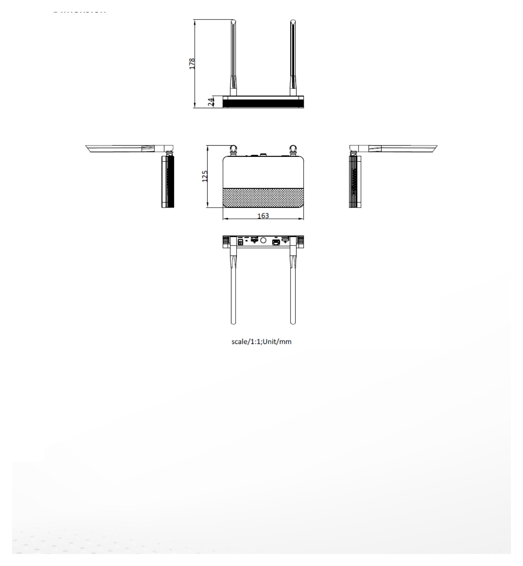 DS-7102NI-S1 外形尺寸圖 163 x 125 x 26 mm (6.4" × 4.9" × 1.0")｜重量 ≤ 500 g Others Solid on: Wi-Fi is initializing or there is no data transmissio