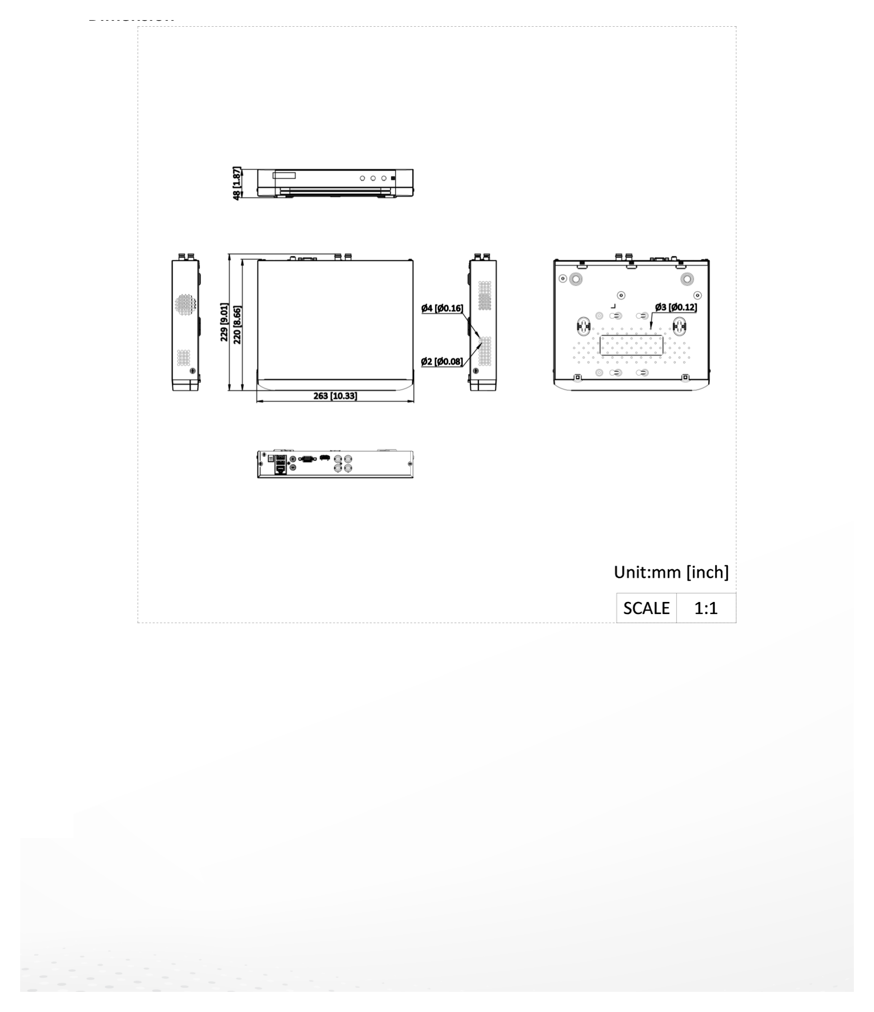 DS-7204HGHI-M1 外形尺寸圖 263 × 220 × 48 mm (10.3 × 8.7 × 1.9 inch)｜重量 ≤ 0.8 kg (without HDD, 1.8 lb.)｜Unit: mm