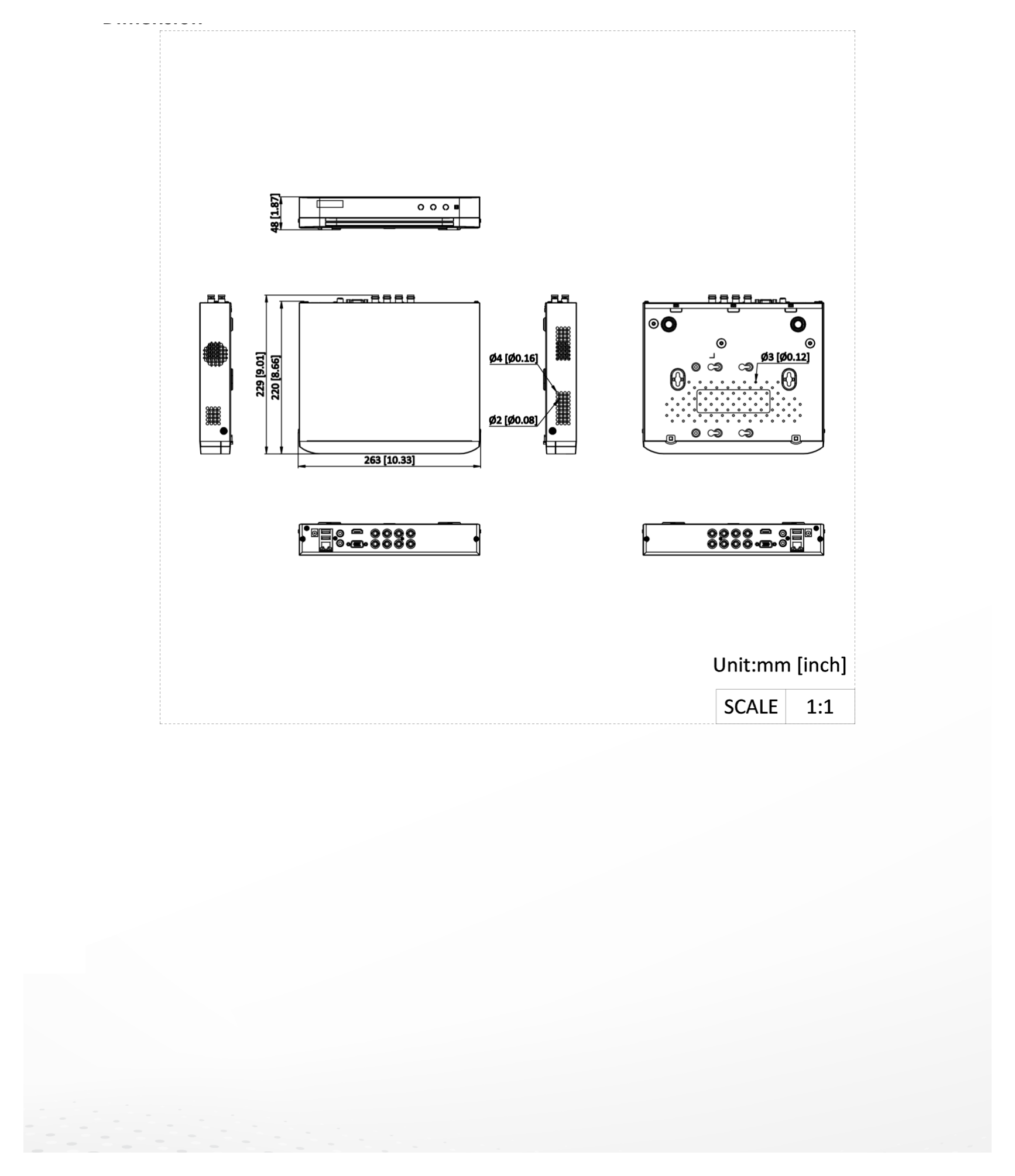 DS-7208HGHI-M1 外形尺寸圖 263 × 220 × 48 mm (10.3 × 8.7 × 1.9 inch)｜重量 ≤ 1 kg (without HDD, 2.2 lb.)｜Unit: mm