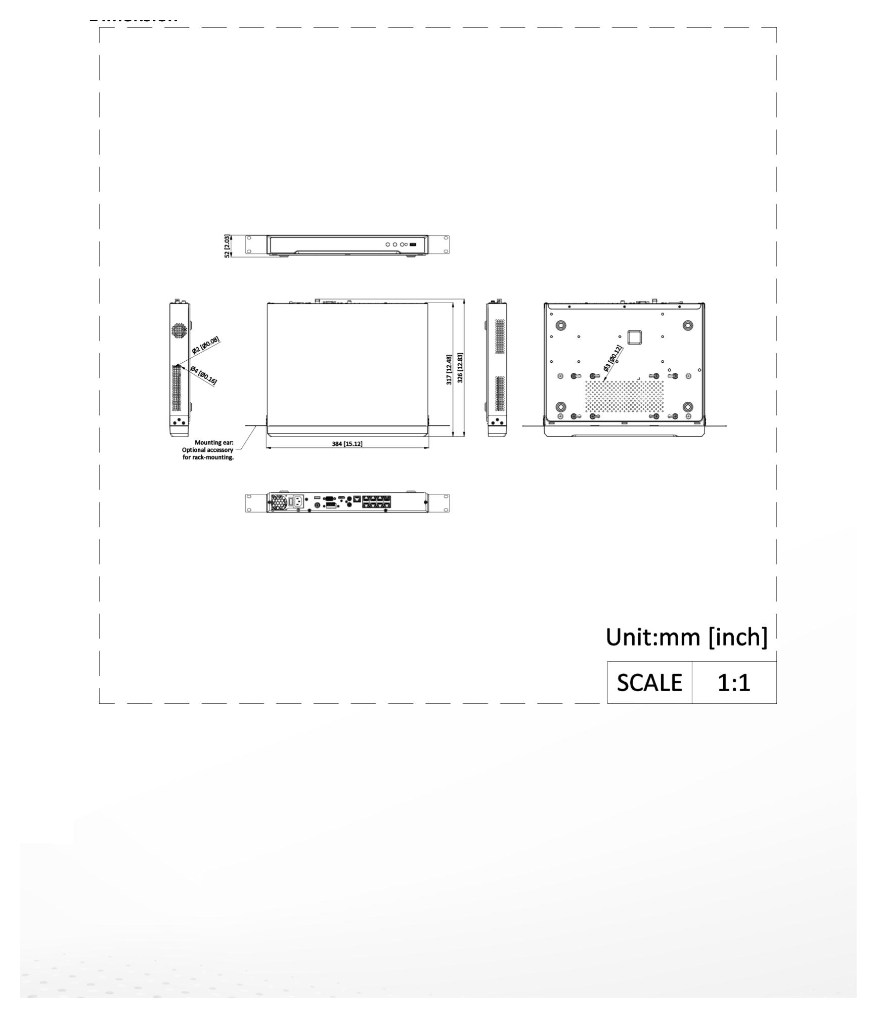 DS-7608NI-I2 外形尺寸圖 384 × 317 × 52 mm (15.1" × 12.5" × 2.0")｜重量 ≤ 3 kg (without HDD, 6.6 lb.)｜Unit: mm