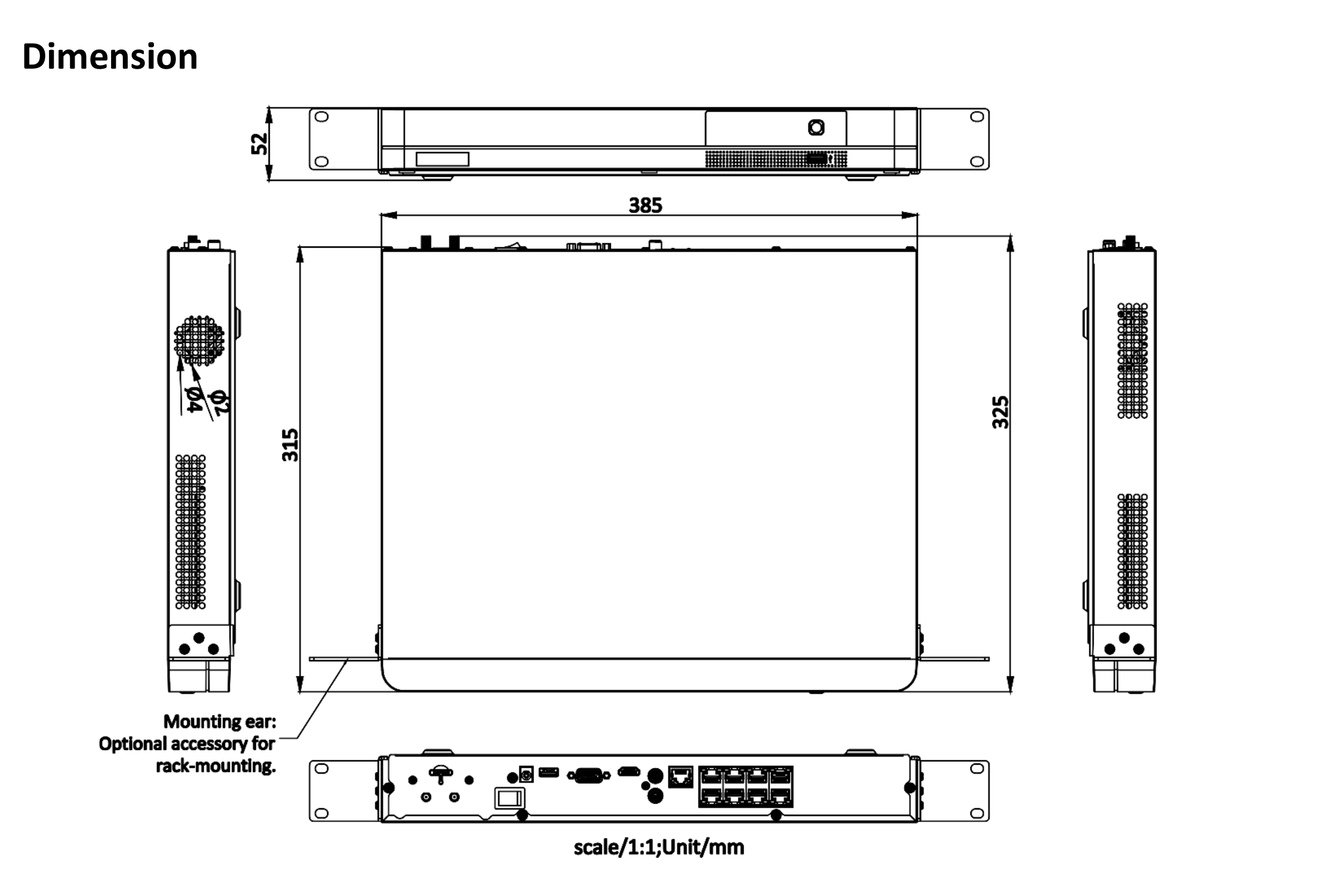 DS-7608NI-K2/8P 外形尺寸圖 385 × 315 × 52 mm（15.2″ × 12.4″ × 2.0″）｜重量 ≤3 kg（不含硬碟）｜Unit: mm (inch)