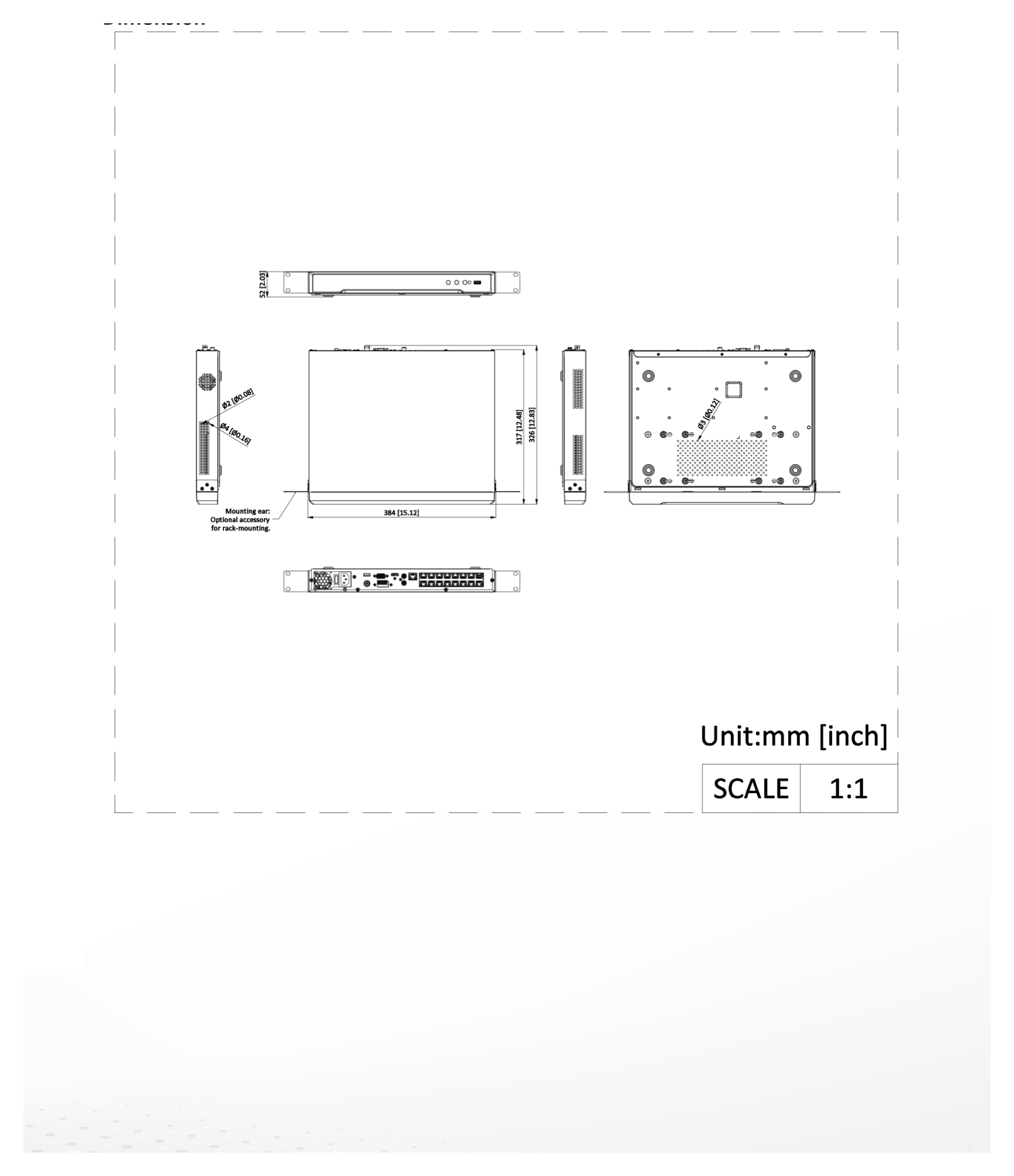 DS-7616NI-I2 外形尺寸圖 384 × 317× 52 mm (15.2" × 12.5" × 2.0")｜重量 ≤ 3 kg (6.6 lb)｜Unit: mm