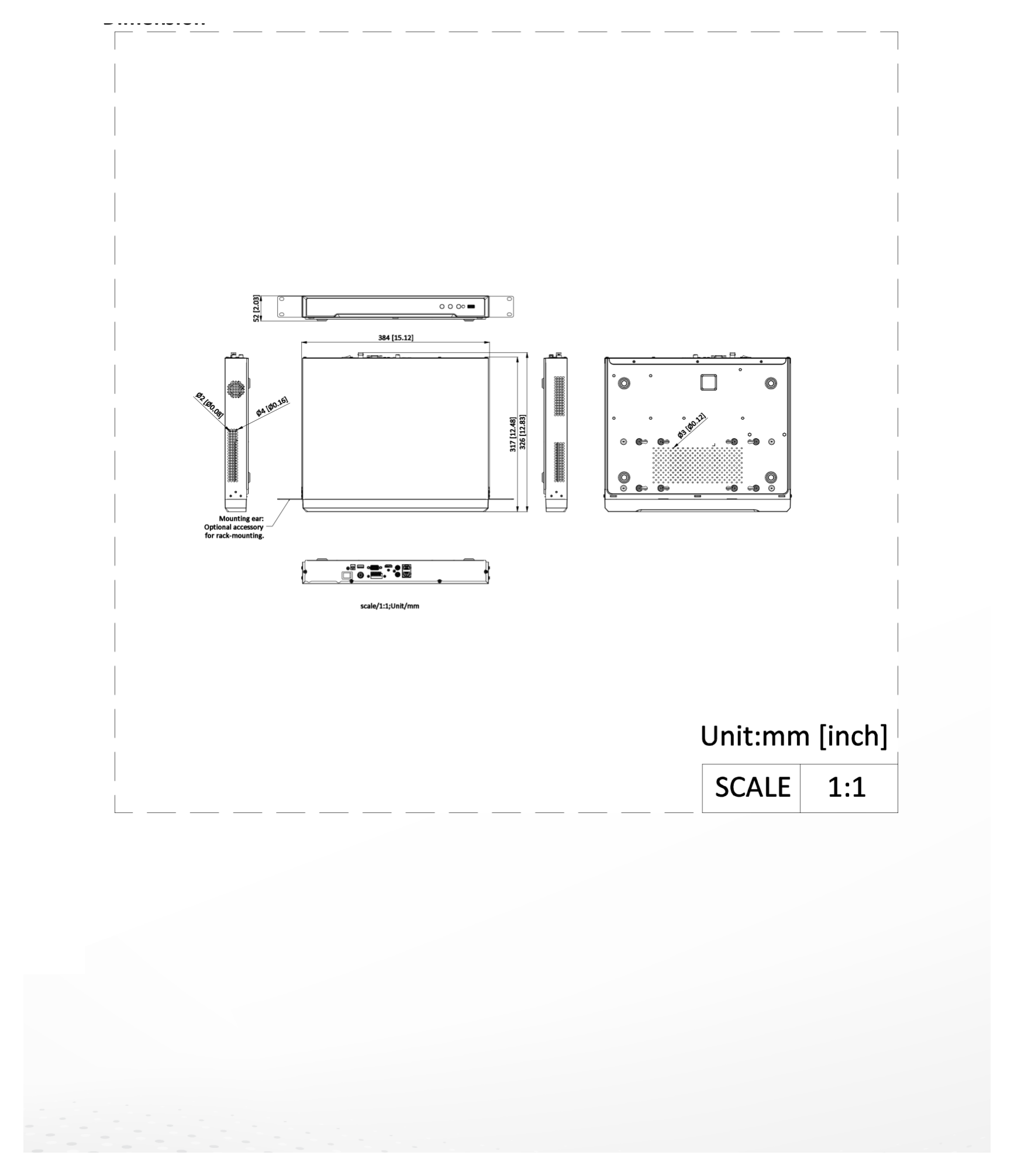 DS-7616NI-M2 外形尺寸圖 384 × 317× 52 mm (15.1" × 12.5" × 2.0")｜重量 ≤ 3 kg (without HDD, 2.2 lb.)｜Unit: mm