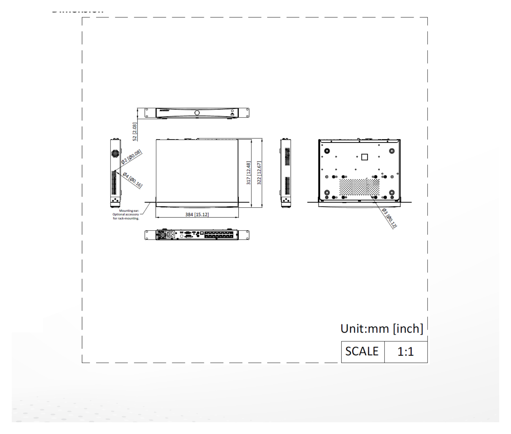 DS-7616NXI-I2-16P-VPRO 外形尺寸圖 384 × 371 × 52 mm（15.12" × 12.48" × 2.03"）｜重量 ≤ 4 kg (6.6 lb)｜Unit: mm
