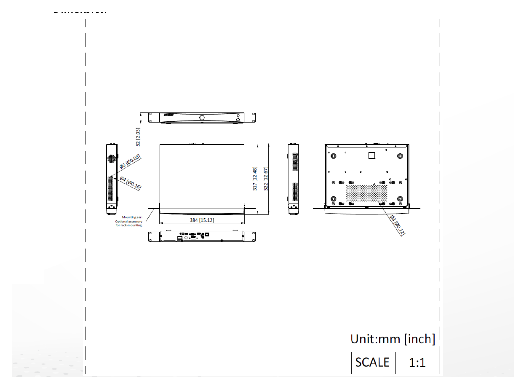 DS-7616NXI-I2-VPRO 外形尺寸圖 384 × 371 × 52 mm（15.12" × 12.48" × 2.03"）｜重量 ≤4 kg (without HDD, 5.5 lb.)｜Unit: mm