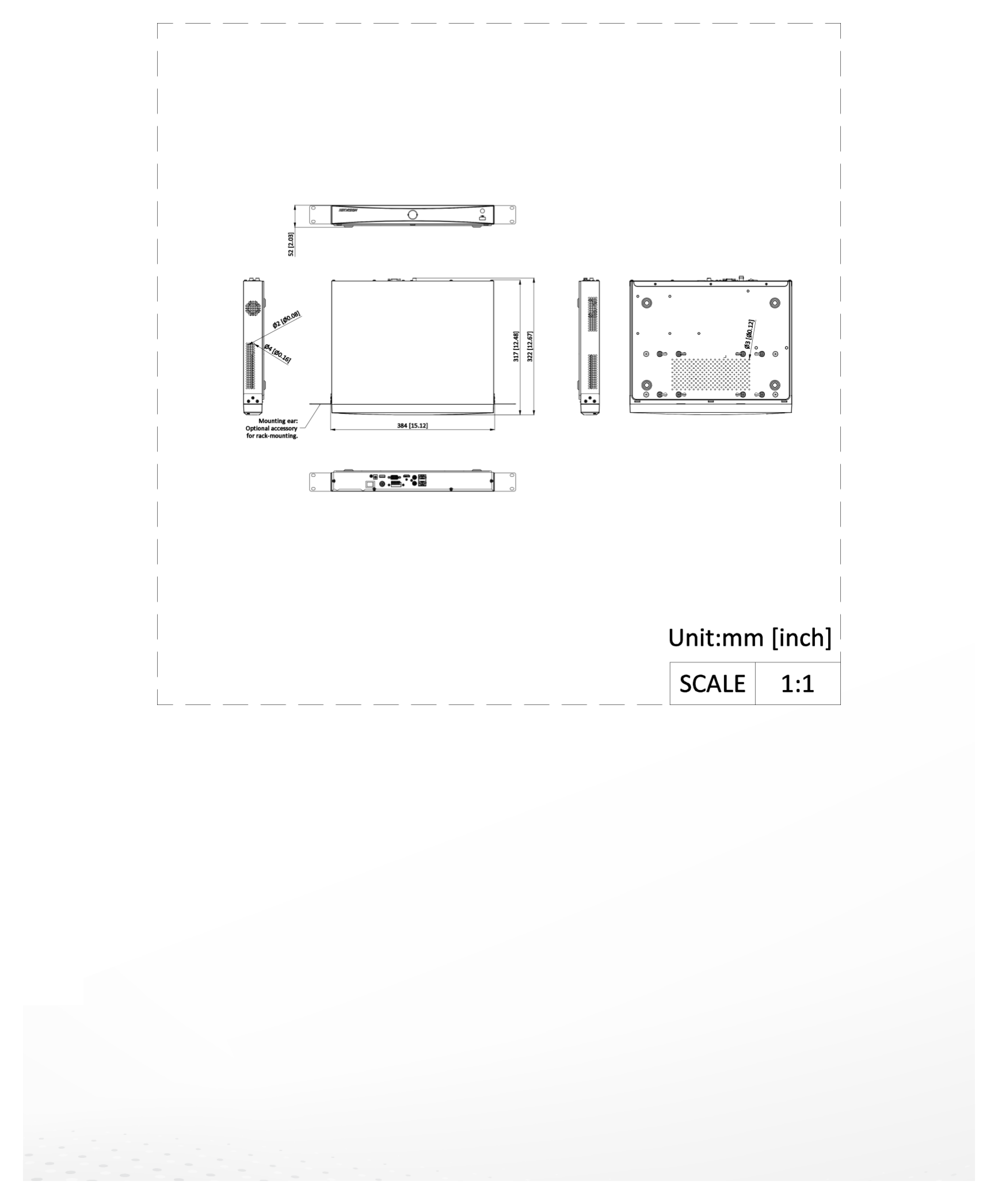 DS-7632NXI-I2 外形尺寸圖 385 × 317 × 52 mm ( 15.2"× 12.5" × 2.0")｜重量 ≤ 2.5 kg (without HDD, 5.5 lb.)｜Unit: mm