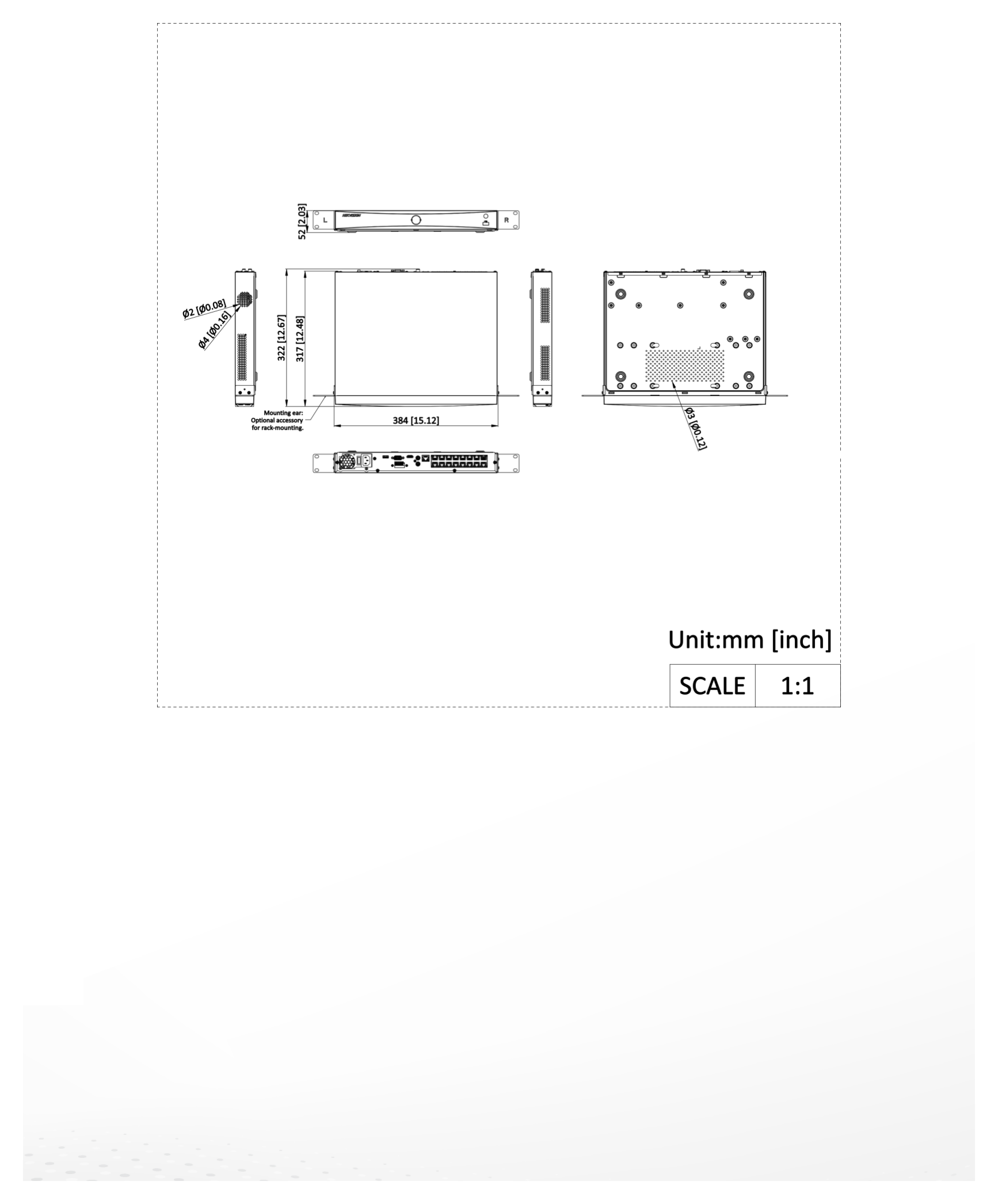 DS-7632NXI-K2 外形尺寸圖 384 mm × 317 mm × 52 mm (15.1 × 12.5 × 2.0 inch)｜重量 ≤ 2.5 kg (without HDD, 5.5 lb.)｜Unit: mm