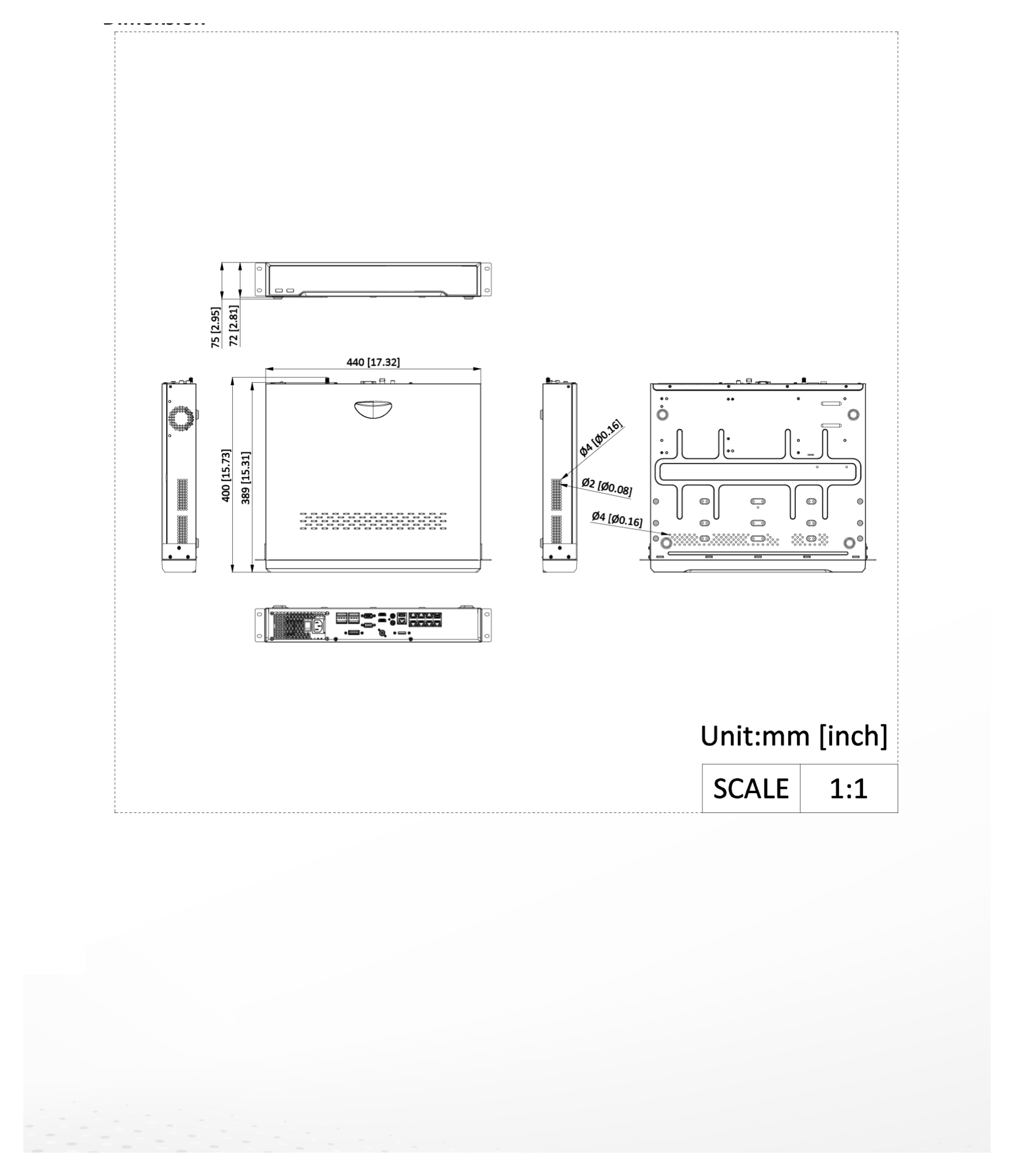 DS-7708NI-M4 外形尺寸圖 440 × 389 × 72 mm ( 17.3"× 15.3" × 2.8")｜重量 ≤ 5 kg (without HDD, 11 lb.)｜Unit: mm