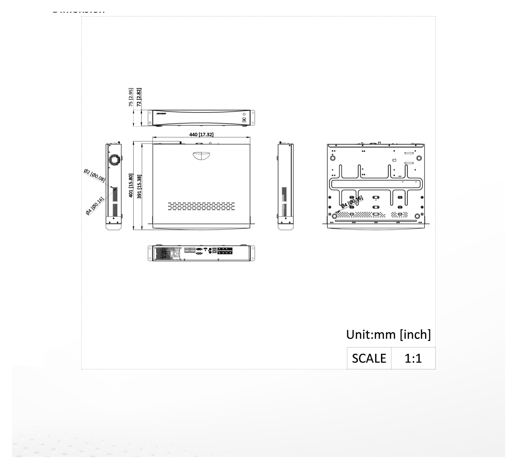 DS-7708NXI-K4 外形尺寸圖 440 × 391 × 72 mm (17.32 × 15.39 × 2.81 inch)｜重量 ≤ 5 kg (without HDD, 11 lb.)｜Unit: mm