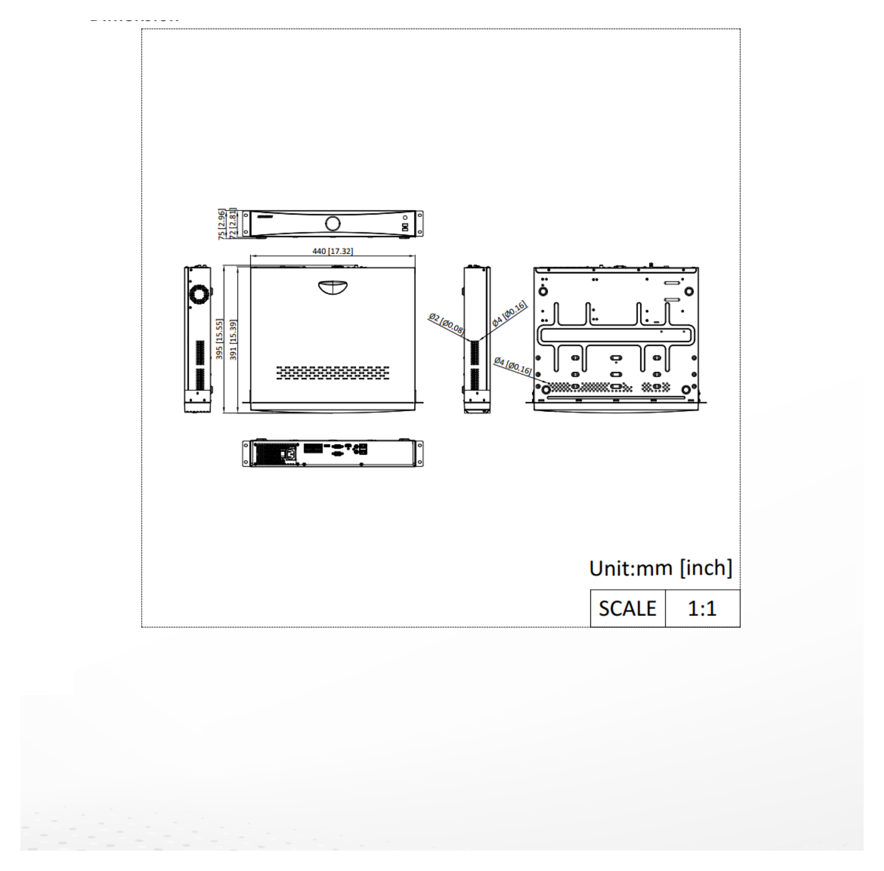 DS-7708NXI-K4D 外形尺寸圖 440 × 391 × 75 mm ( 17.3"× 15.4" × 3.0")｜重量 ≤ 5 kg (without HDD, 11 lb.)｜Unit: mm