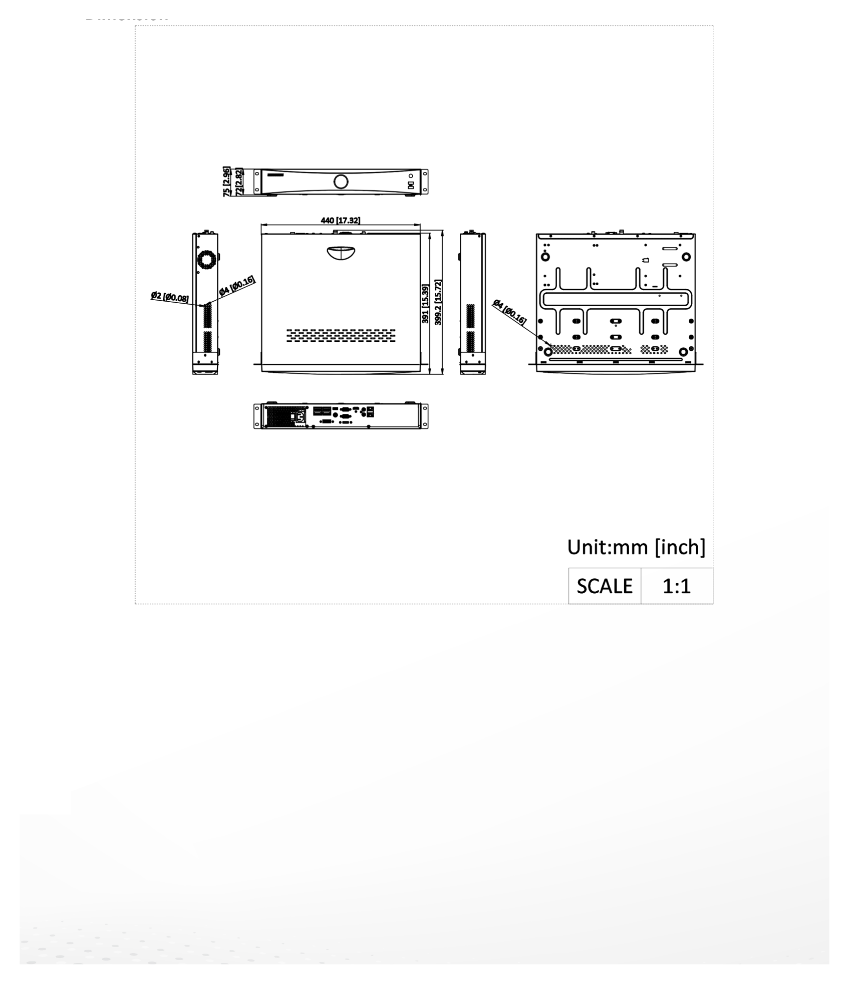 DS-7716NXI-K4 外形尺寸圖 440 × 391 × 72 mm (17.32 × 15.39 × 2.82 inch)｜重量 ≤ 5 kg (without HDD, 11 lb.)｜Unit: mm