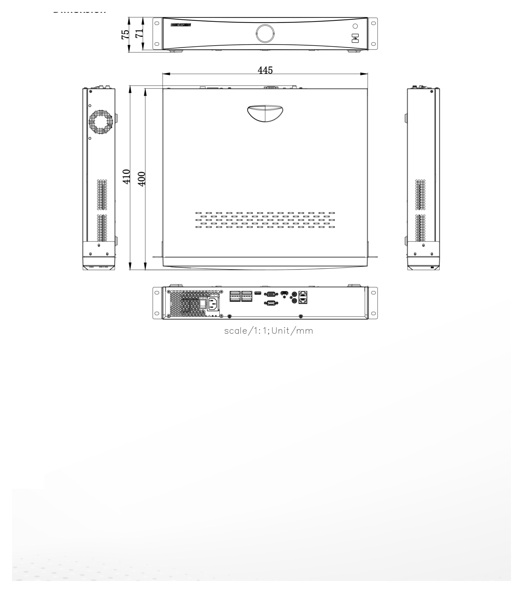 DS-7716NXI-K4D 外形尺寸圖 445 × 400 × 75 mm ( 17.5"× 15.7" × 3.0")｜重量 ≤ 5 kg (without HDD, 11 lb.)｜Unit: mm
