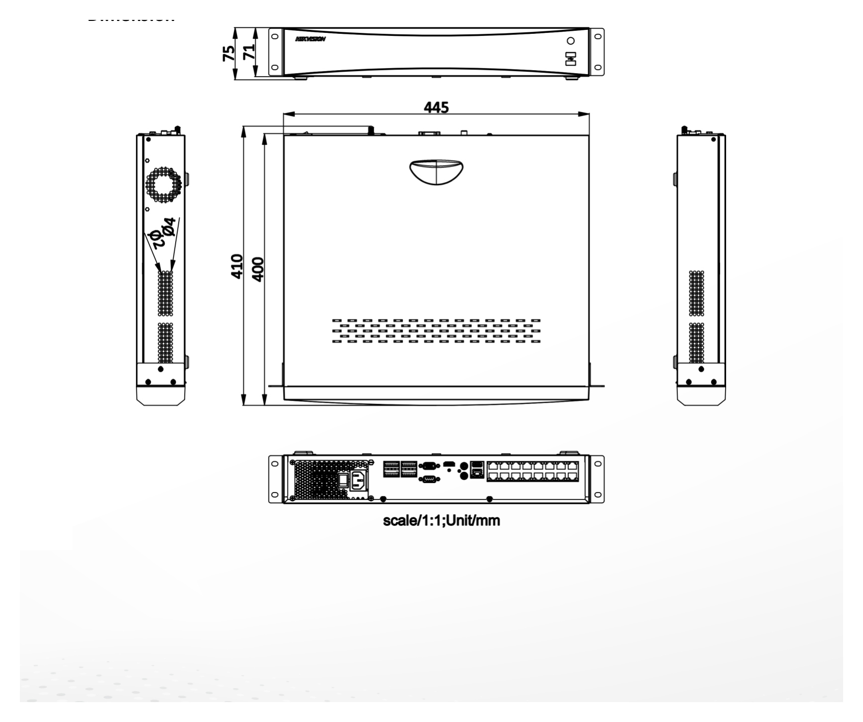 DS-7732NXI-K4 外形尺寸圖 445 × 400 × 75 mm ( 17.5"× 15.7" × 3.0")｜重量 ≤ 5 kg (without HDD, 11 lb.)｜Unit: mm