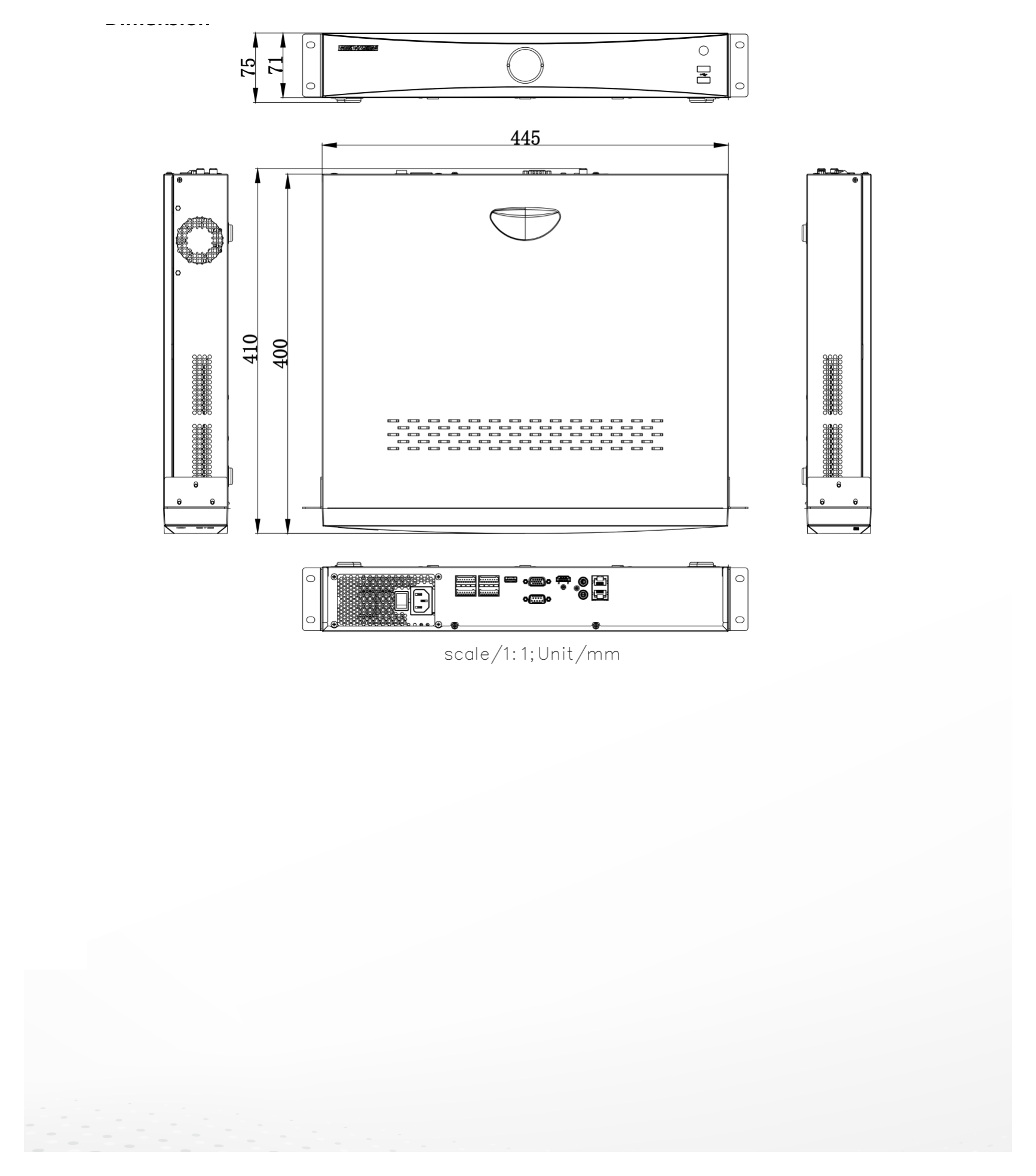DS-7732NXI-K4D-BRA-CKD 外形尺寸圖 445 × 400 × 75 mm ( 17.5"× 15.7" × 3.0")｜重量 ≤ 5 kg (without HDD, 11 lb.)｜Unit: mm