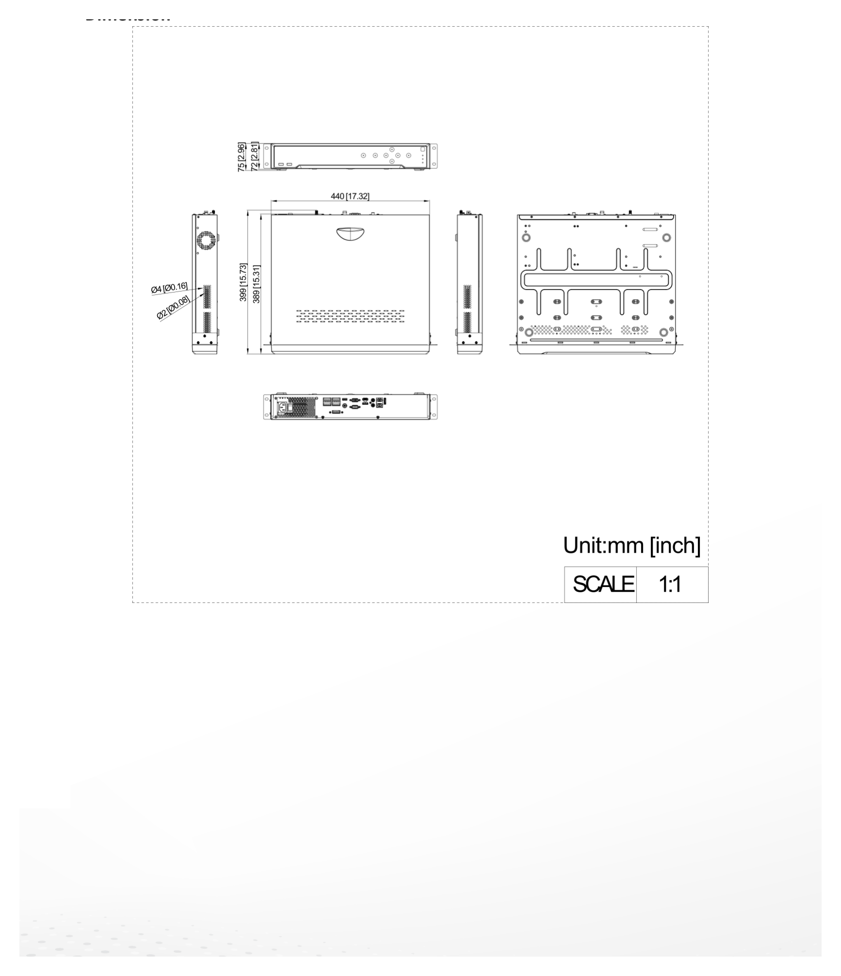 DS-7764NI-M4 外形尺寸圖 440 × 389 × 72 mm ( 17.3"× 15.3" × 2.8")｜重量 ≤ 5 kg (without HDD, 11 lb.)｜Unit: mm