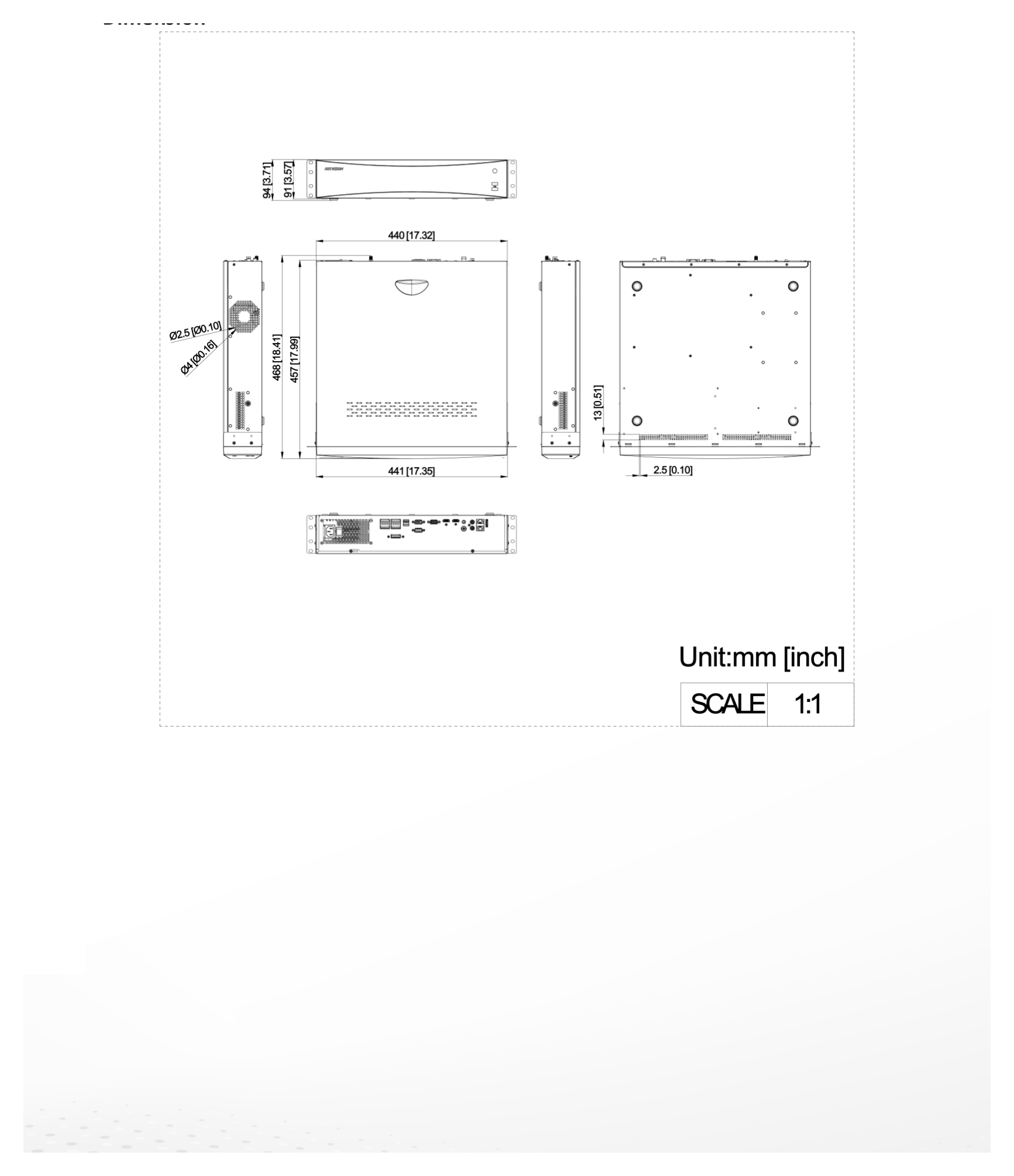 DS-8632NXI-I8 外形尺寸圖 441 × 457 × 91 mm ( 17.4"× 18.0" × 3.6")｜重量 ≤ 7.1 kg (without HDD, 15.7 lb.)｜Unit: mm