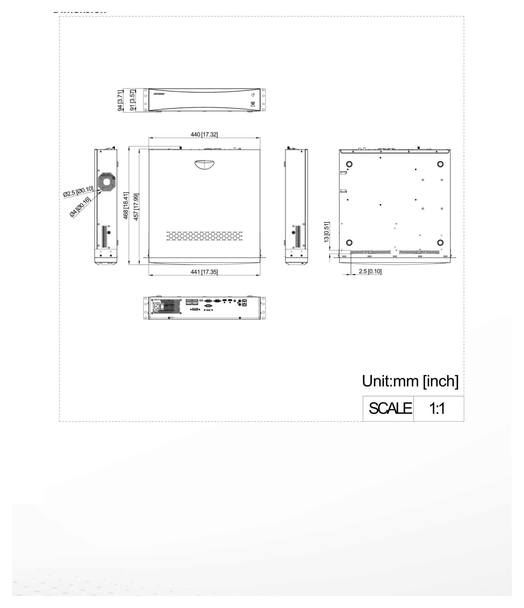 DS-8632NXI-K8 外形尺寸圖 441×457×91 mm (17.4"×18.0"×3.6")｜重量 ≤ 8 kg (17.6 lb)｜Unit: mm