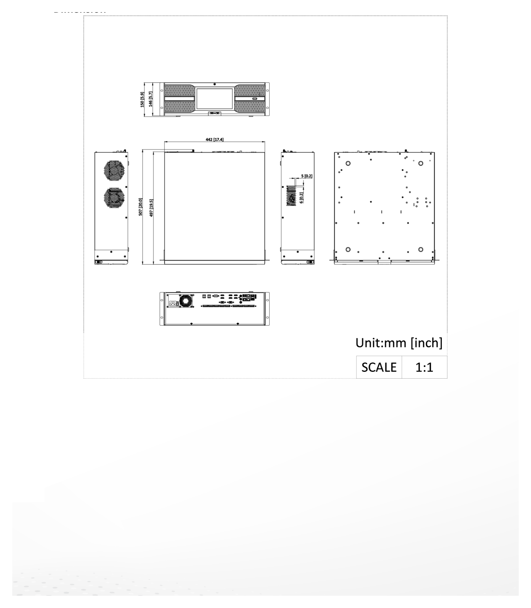 DS-96128NXI-S16LCD 外形尺寸圖 442 mm × 497 mm × 146 mm (17.4 × 19.5 × 5.7 inch)｜重量 ≤ 12 kg (without HDD, 28.7 lb.)｜Unit: mm