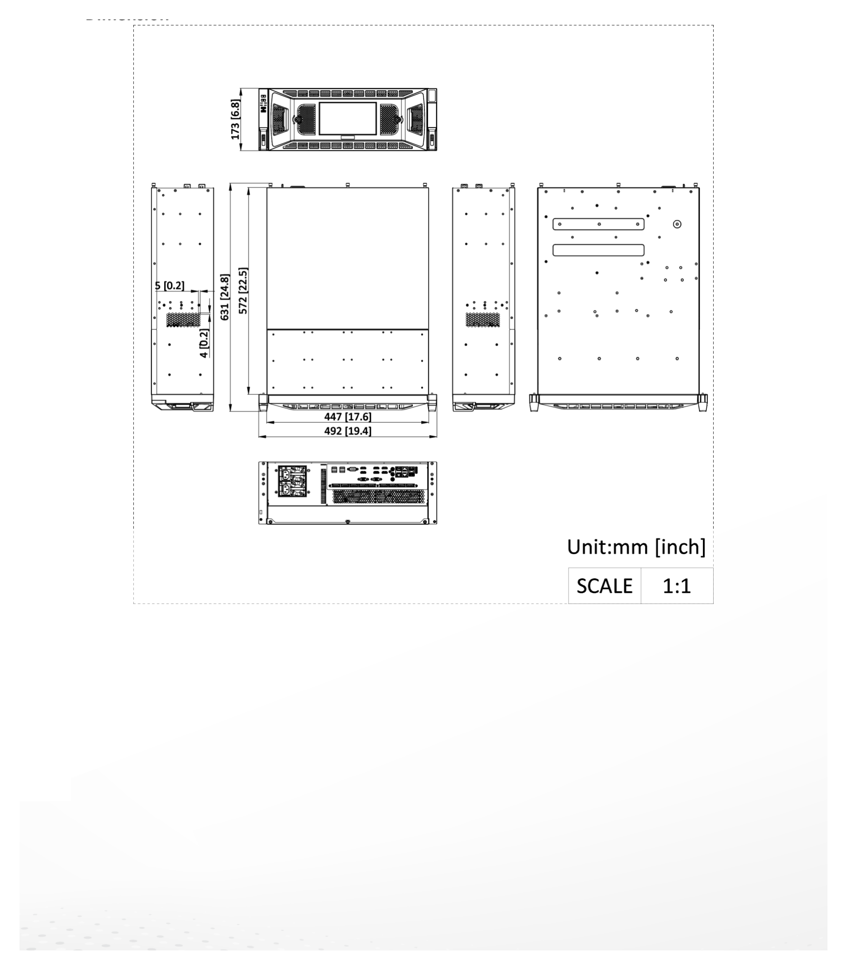 DS-96128NXI-S24RLCD 外形尺寸圖 447 mm × 572 mm × 173 mm (17.6 × 22.5 × 6.8 inch)｜重量 ≤ 19 kg (without HDD, 28.7 lb.)｜Unit: mm