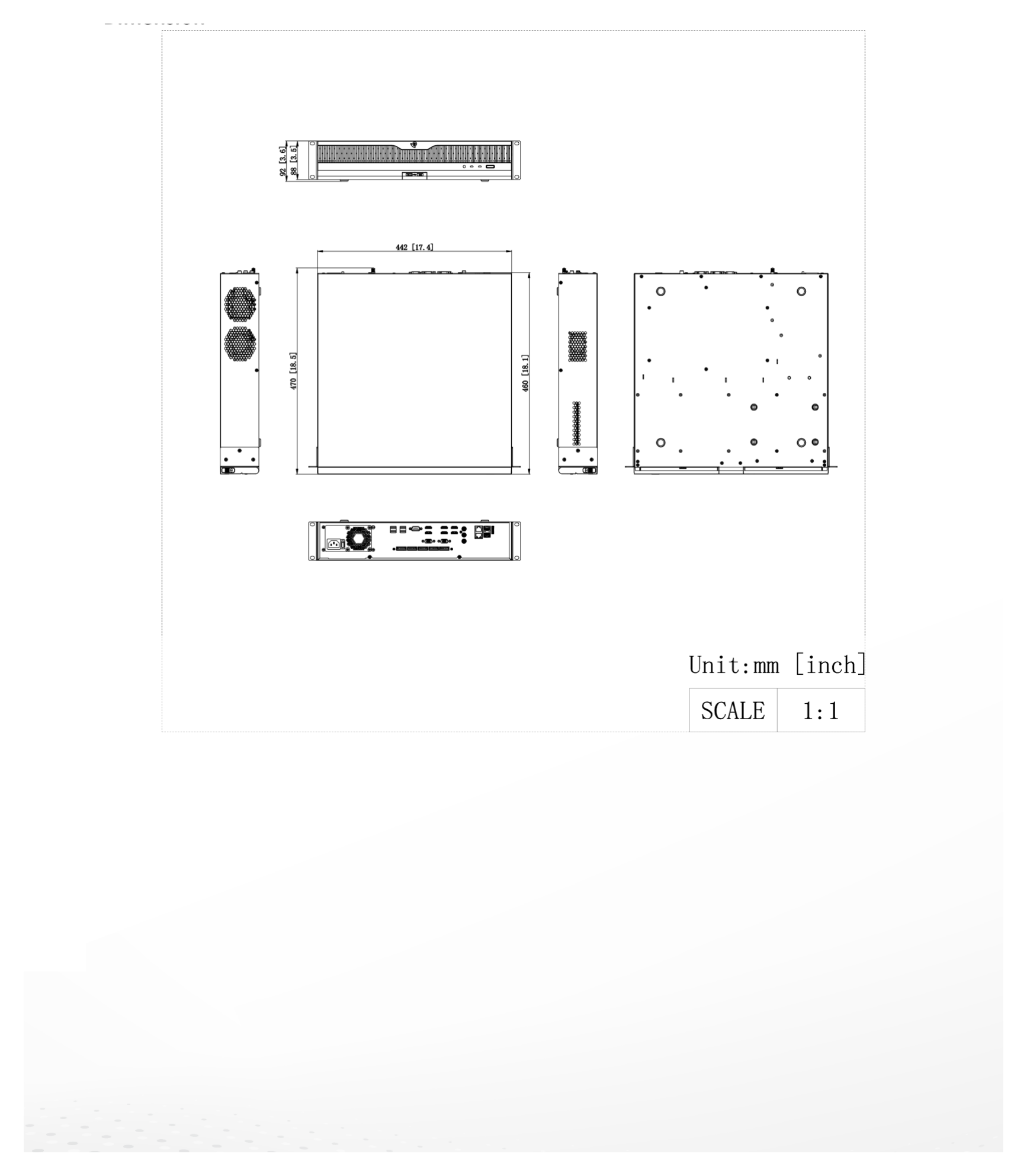 DS-96128NXI-S8 外形尺寸圖 442 mm × 460 mm × 88 mm (17.4 × 18.1 × 3.5 inch)｜重量 ≤ 10 kg (without HDD, 28.7 lb.)｜Unit: mm