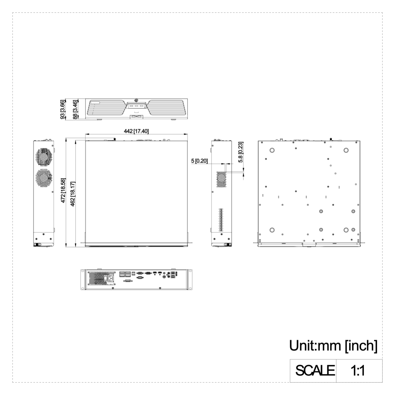 DS-9616NXI-I8 外形尺寸圖 × 3.7") DS-9616NXI-I8/S(标配)(C),DS-9616NXI-I8/S(中性)(C):442 × 459 × 92 mm (17.4"× 18" × 3.6") DS-9616NXI-I8/S:≤ 8.7 kg (19