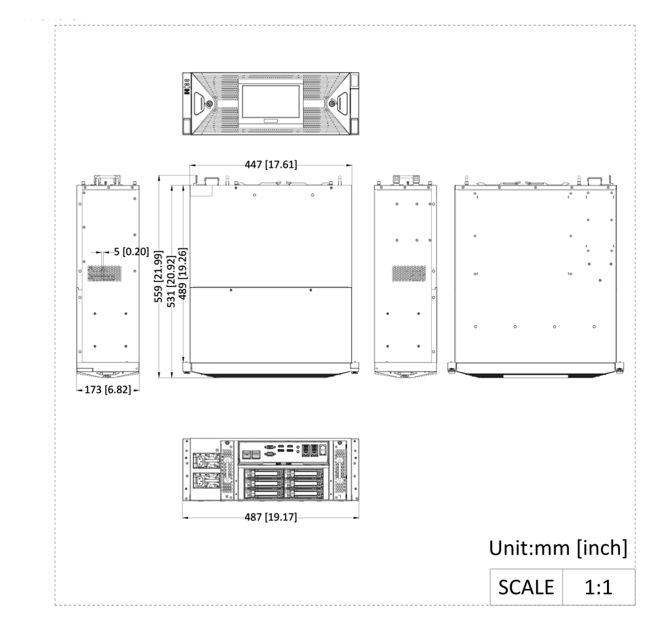 DS-96256NI-H30R 外形尺寸圖 447 × 489 × 173 mm (17.61" × 19.26" × 6.82")｜重量 ≤26 kg (without HDD, 57.3 lb.)｜Unit: mm